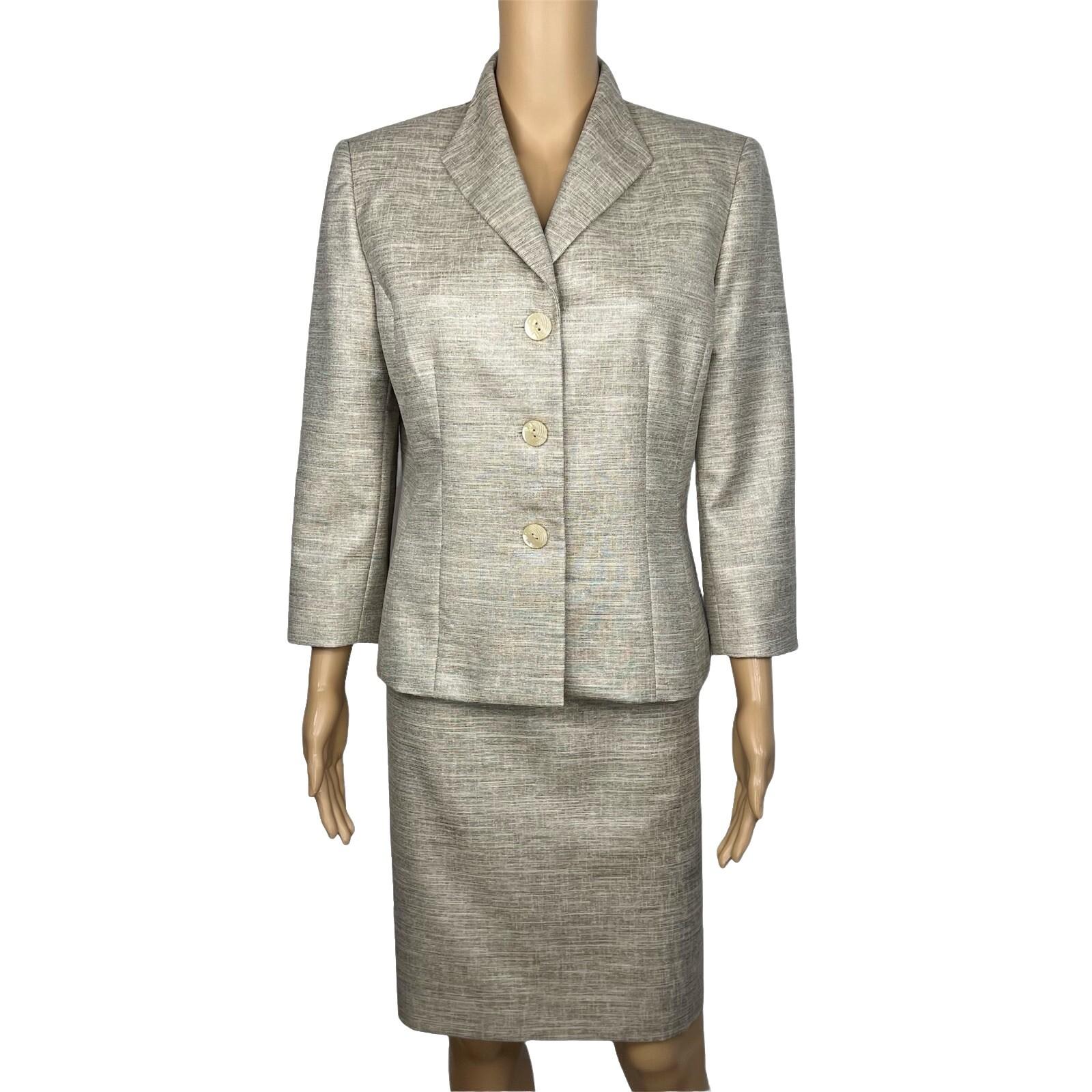 KASPER Metallic Polyester Skirt Suit Size 10P Beige Cocktail Stand Up Collar 2PC
