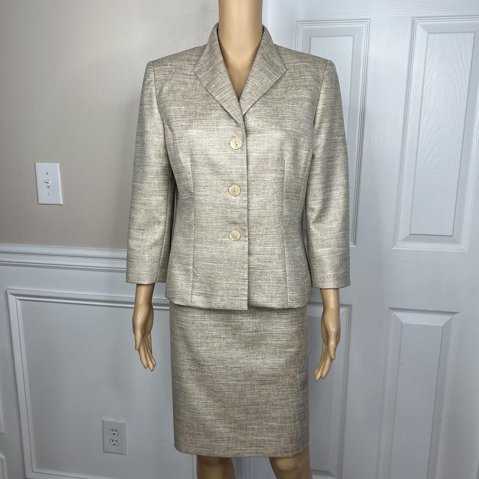 KASPER Metallic Polyester Skirt Suit Size 10P Beige Cocktail Stand Up Collar 2PC