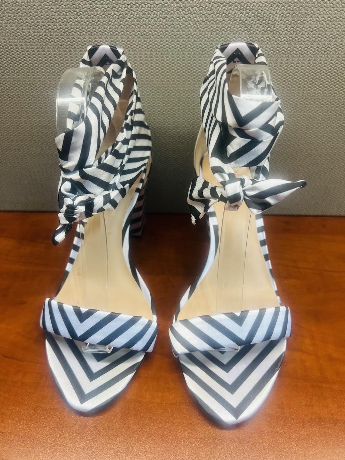 INC International Concepts Block Heel Shoes 9M Black White Striped Tie Up Ribbon