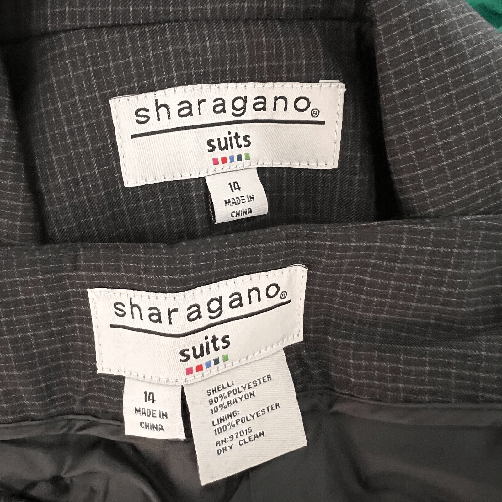 SHARAGANO 2PC Black Pinstriped Polyester Rayon Belted Pant Suit Size 14 New