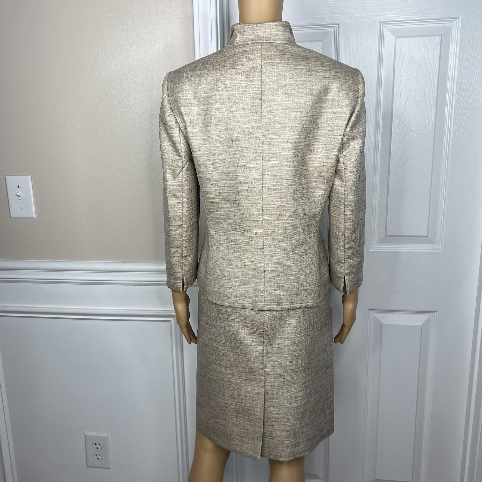 KASPER Metallic Polyester Skirt Suit Size 10P Beige Cocktail Stand Up Collar 2PC