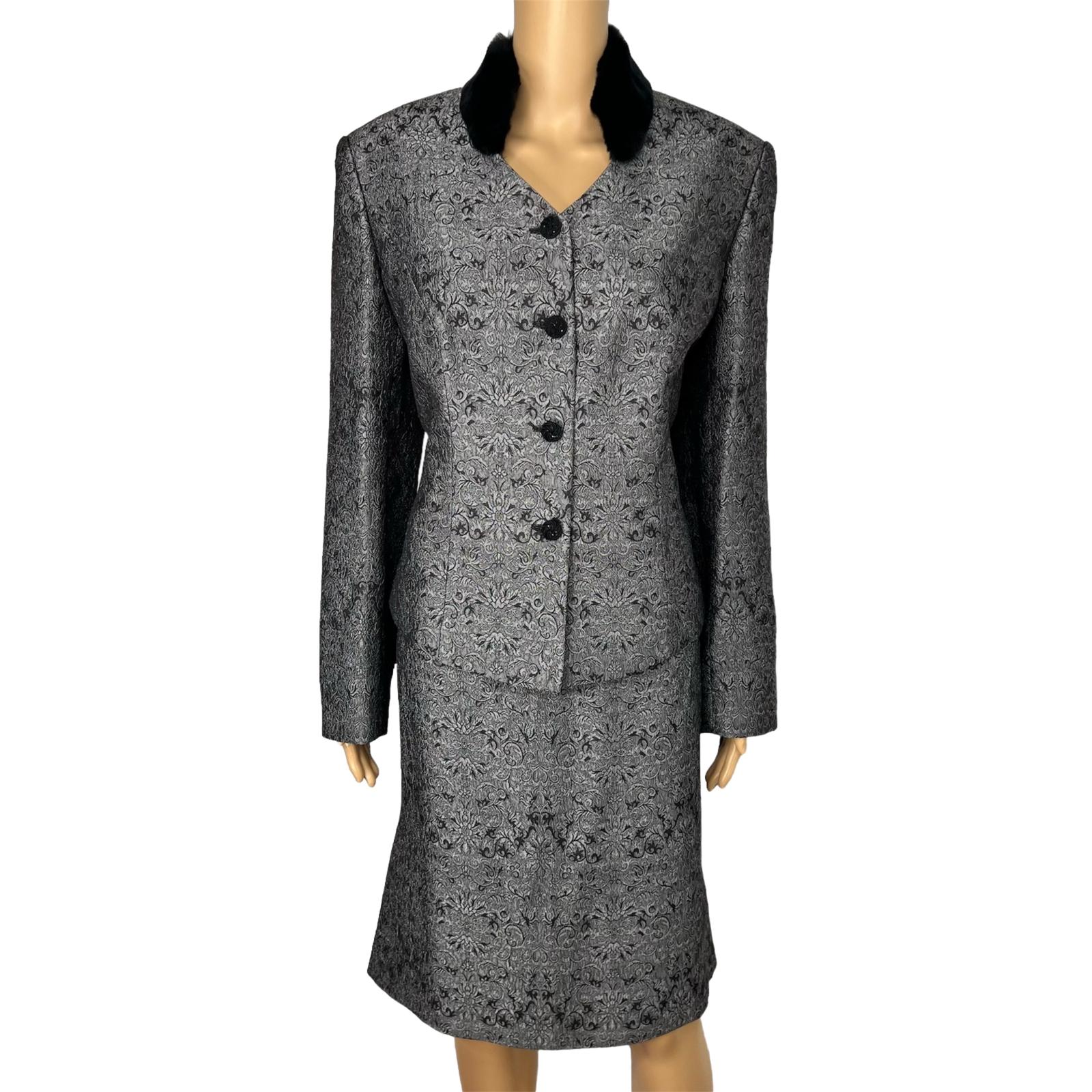 John Meyer Polyester Rayon Skirt Suit 12 Gray Floral Faux Fur Collar 2 Piece
