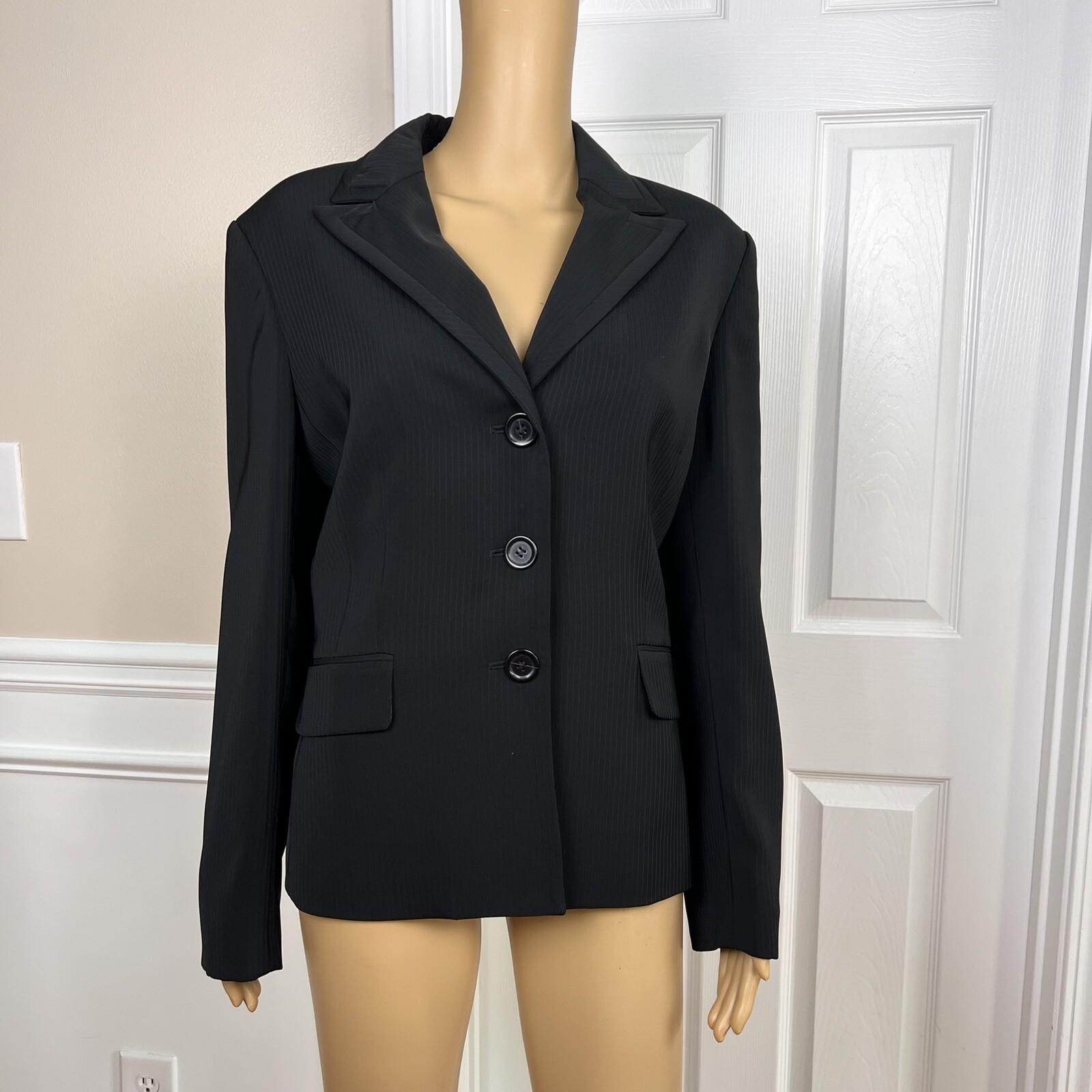 KASPER Women 2PC Black Striped Polyester Lined Peak Collar Pant Suit Size 14