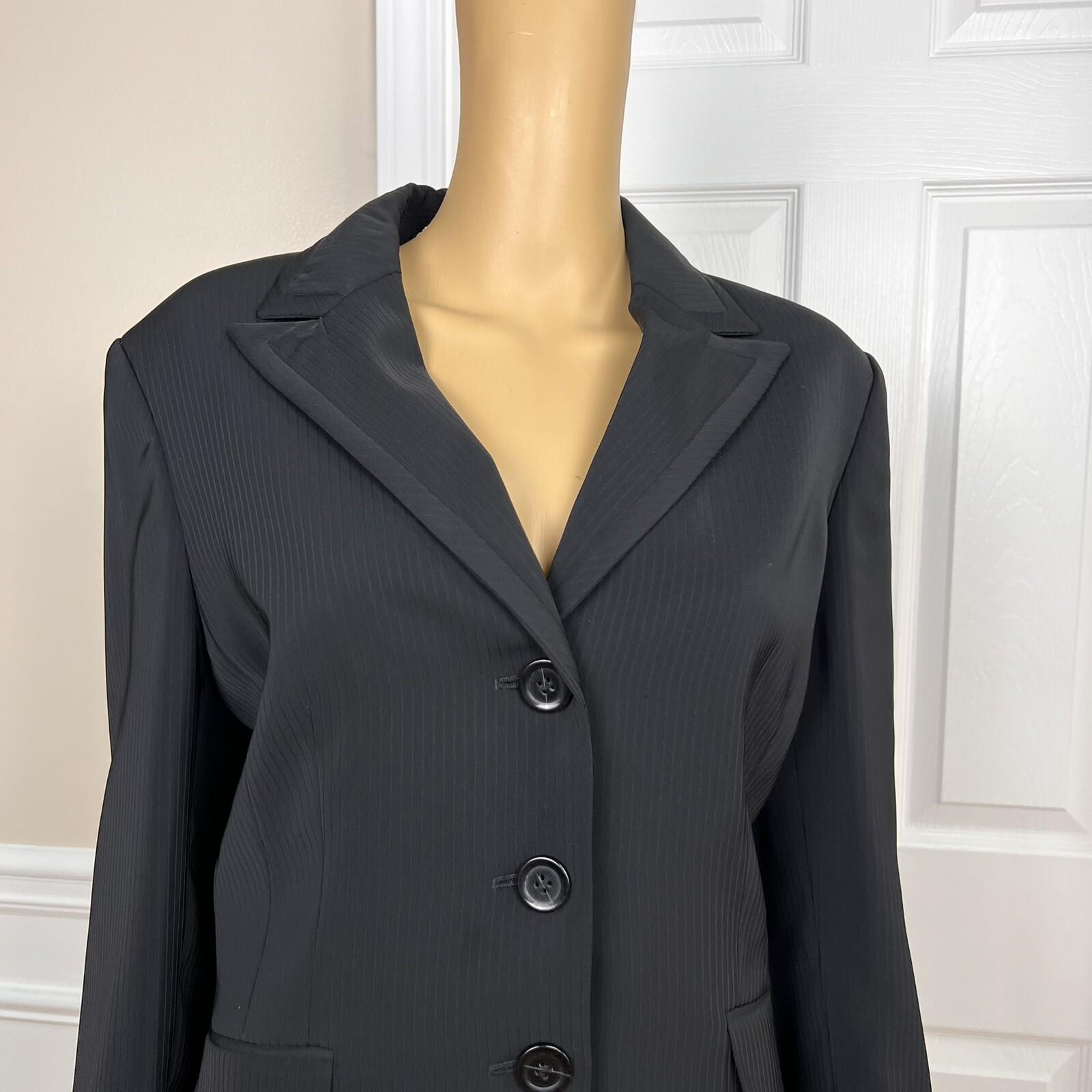 KASPER Women 2PC Black Striped Polyester Lined Peak Collar Pant Suit Size 14