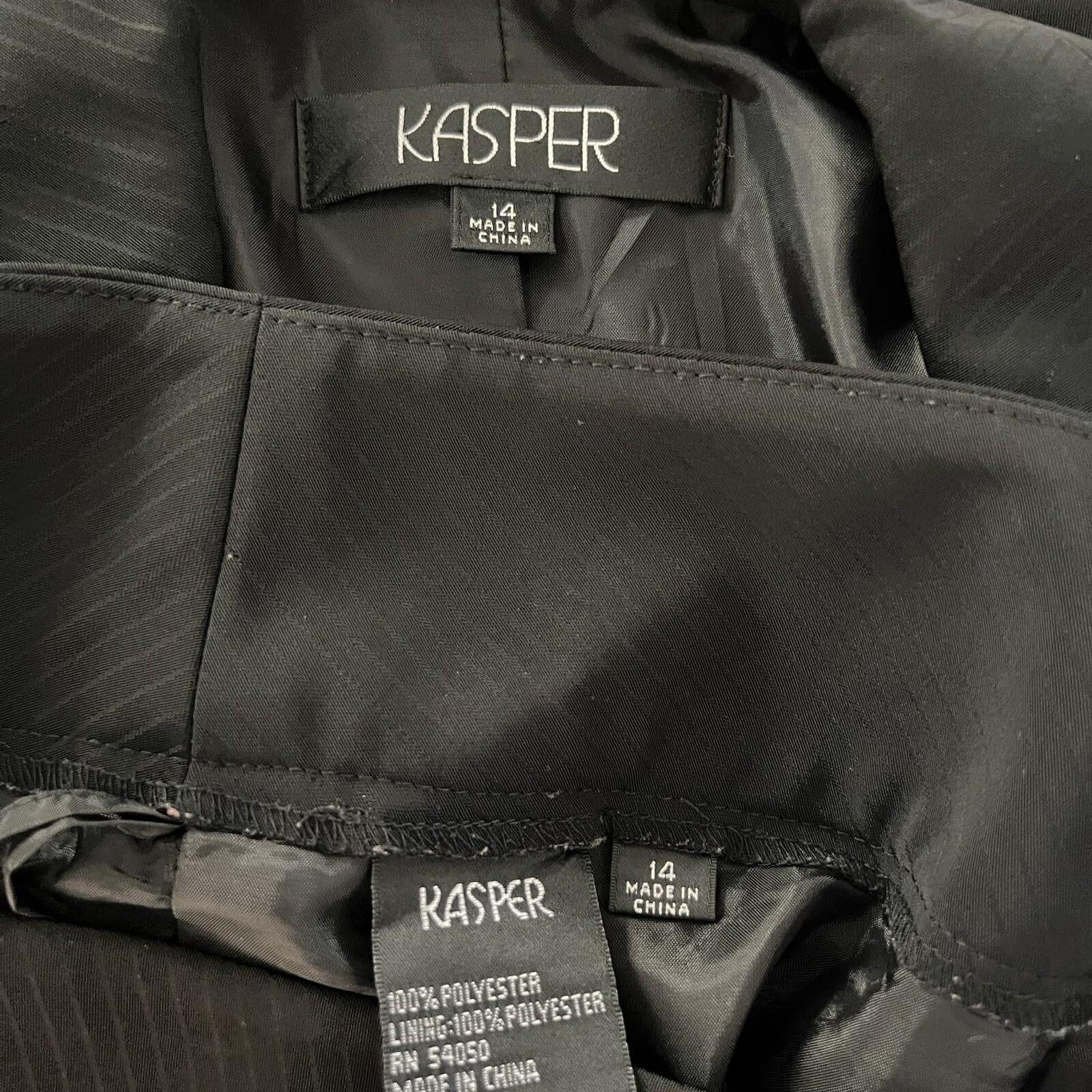 KASPER Women 2PC Black Striped Polyester Lined Peak Collar Pant Suit Size 14