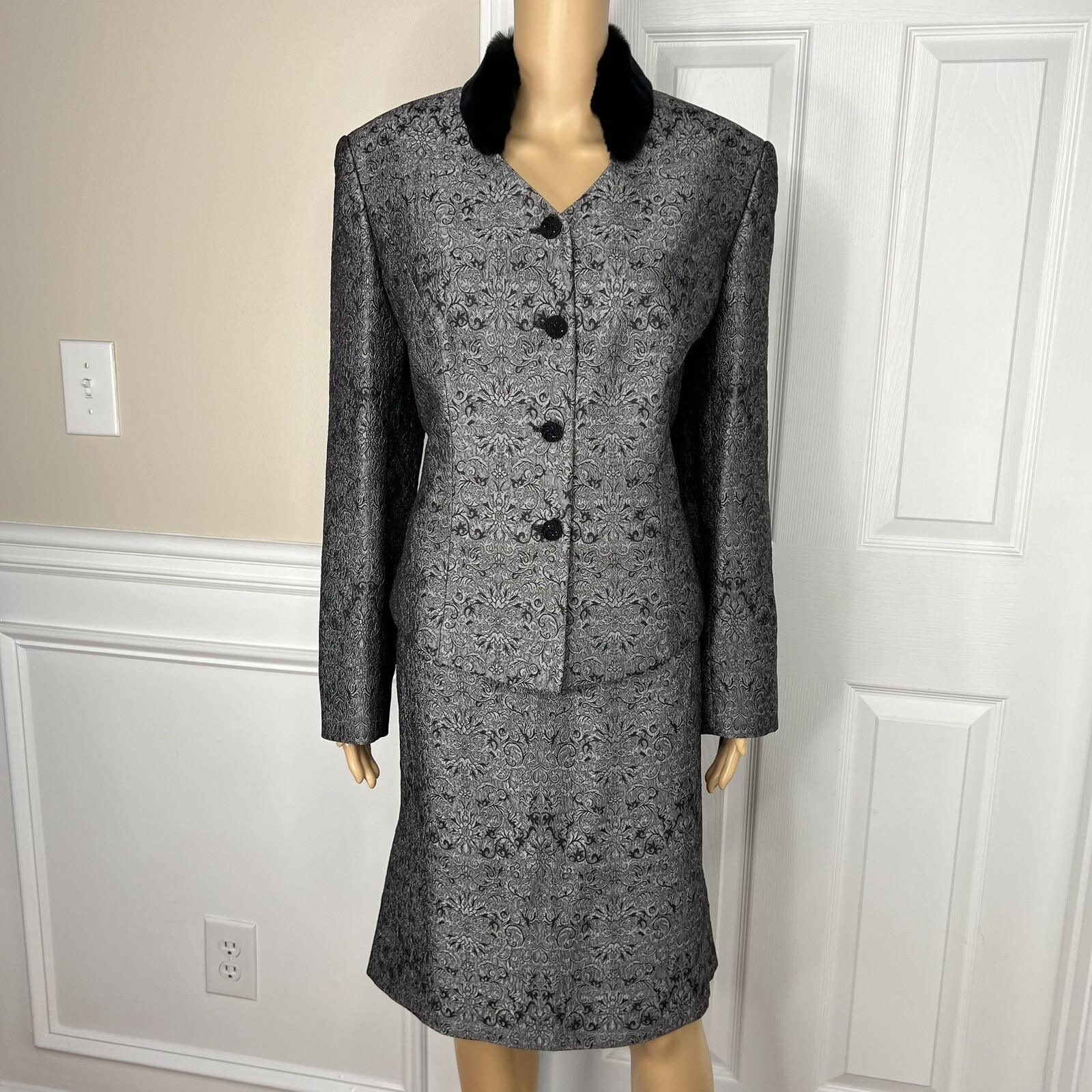 John Meyer Polyester Rayon Skirt Suit 12 Gray Floral Faux Fur Collar 2 Piece