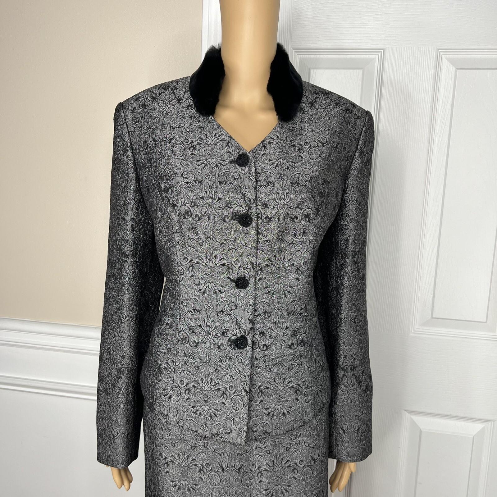 John Meyer Polyester Rayon Skirt Suit 12 Gray Floral Faux Fur Collar 2 Piece