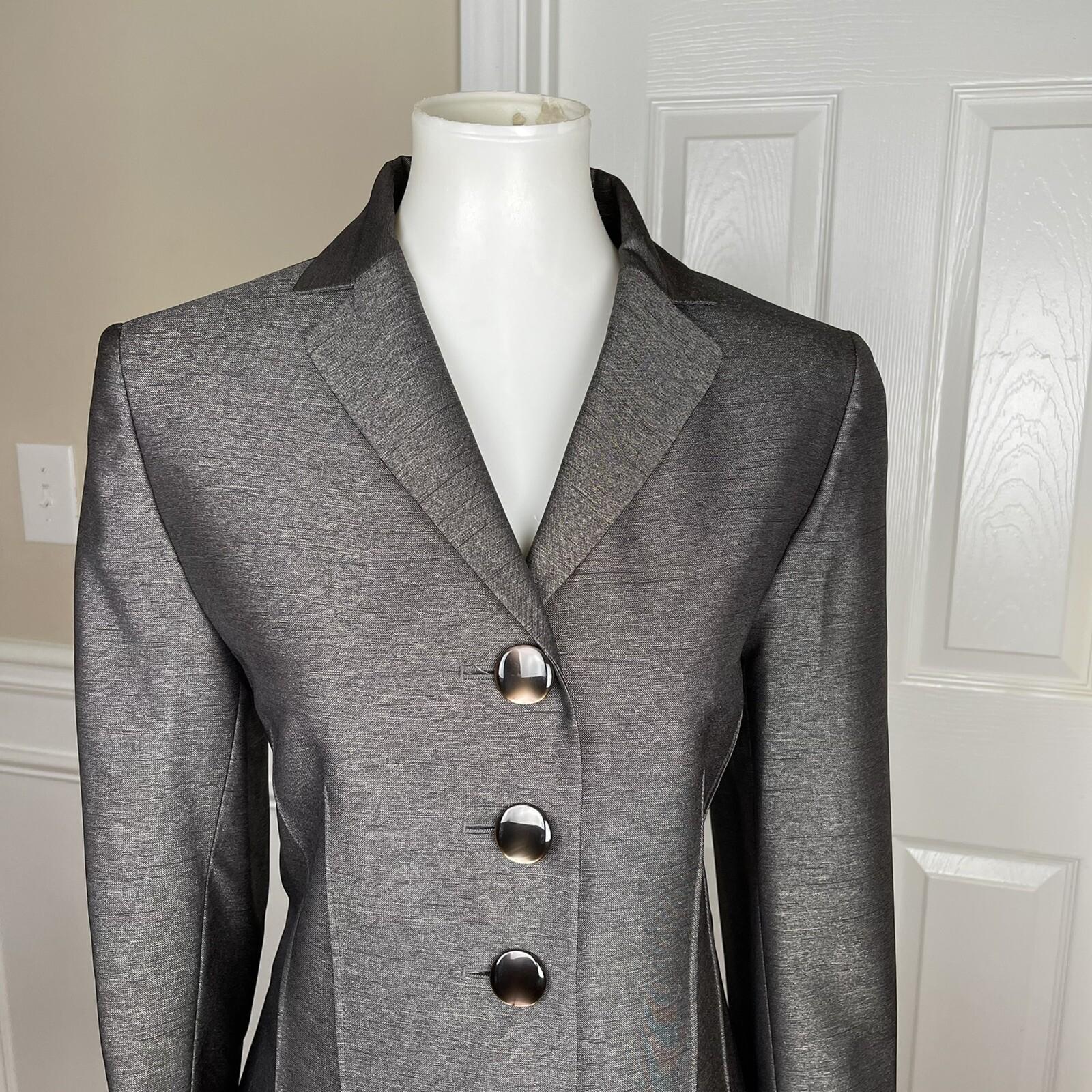 LE SUIT Women Gray Charcoal Metallic Polyester Peak Collar Blazer Suit Size 10