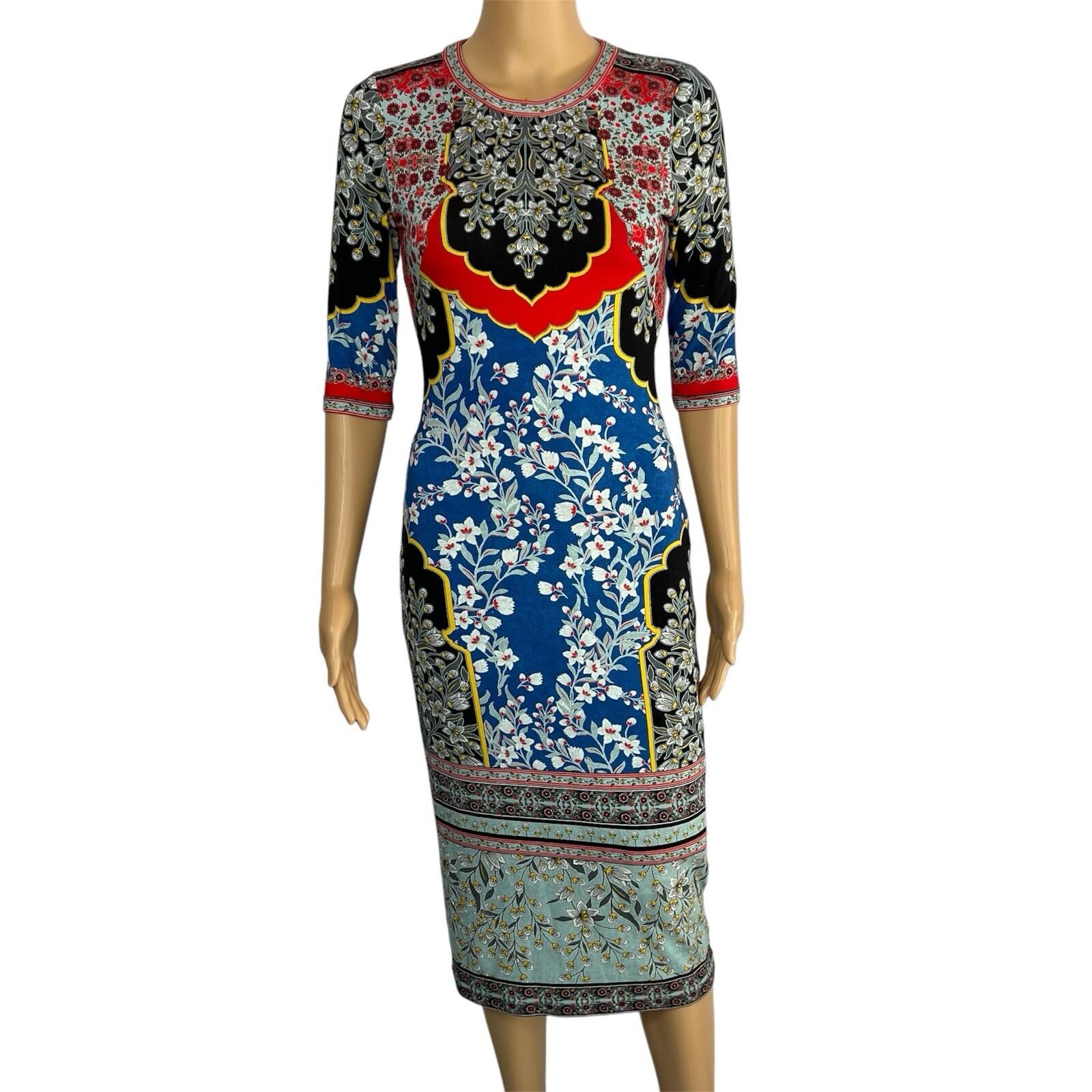 Alice + Olivia Delora Fitted Dress Size 2 Crew Neck Palace Daffodil Stretch Midi