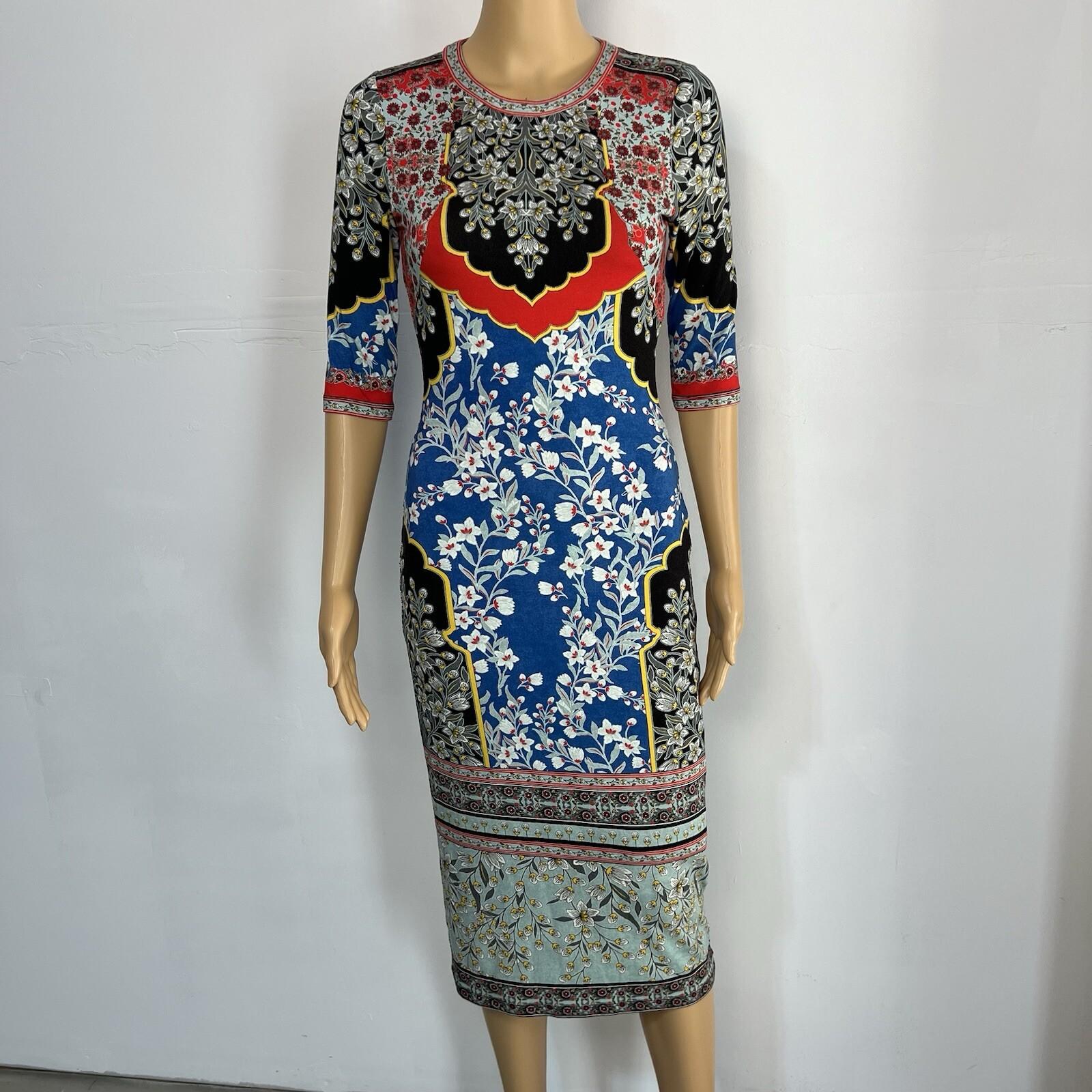 Alice + Olivia Delora Fitted Dress Size 2 Crew Neck Palace Daffodil Stretch Midi