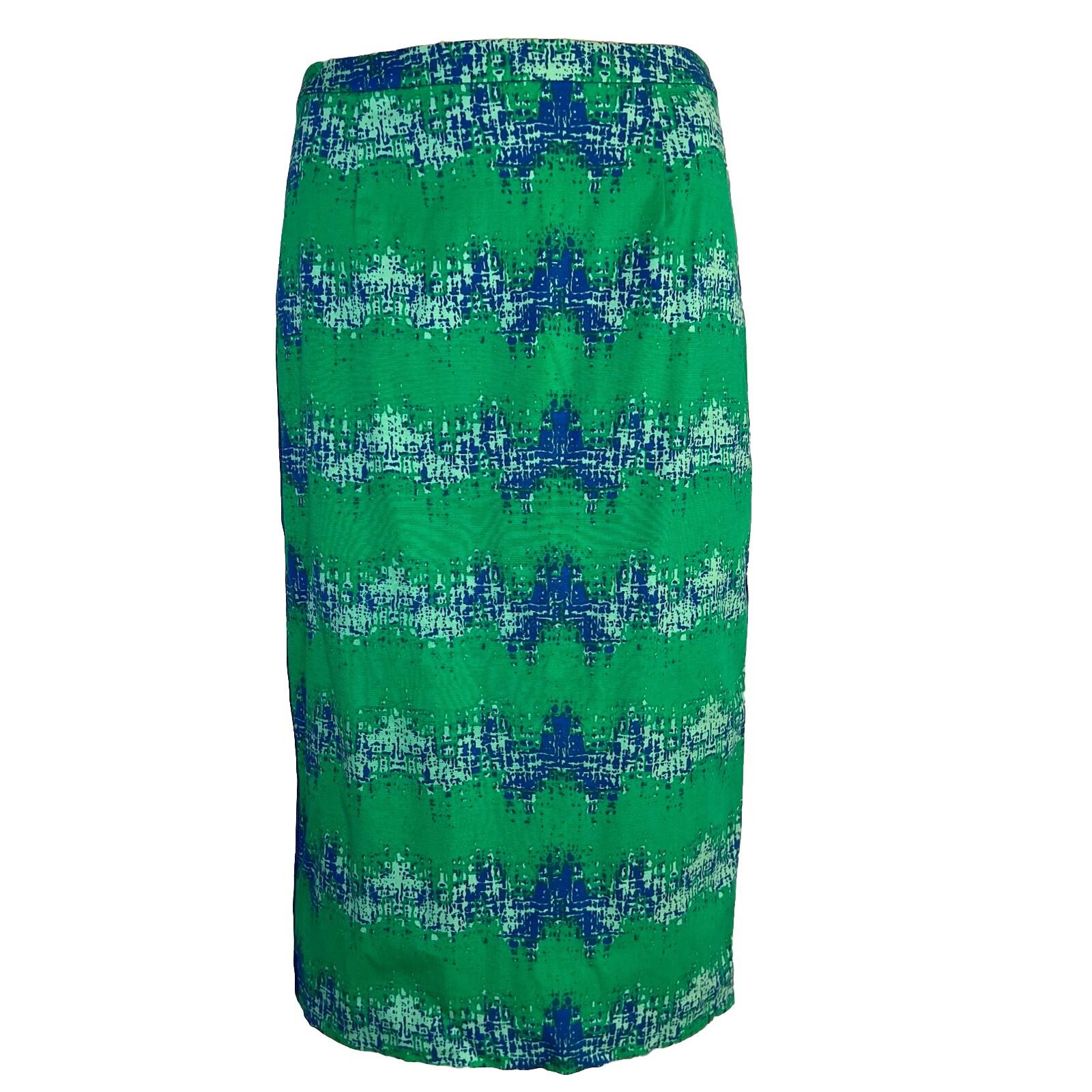 Tracy Reese Viscose Rayon Pencil Skirt Size 8 Green Blue Abstract Ribbon Stretch