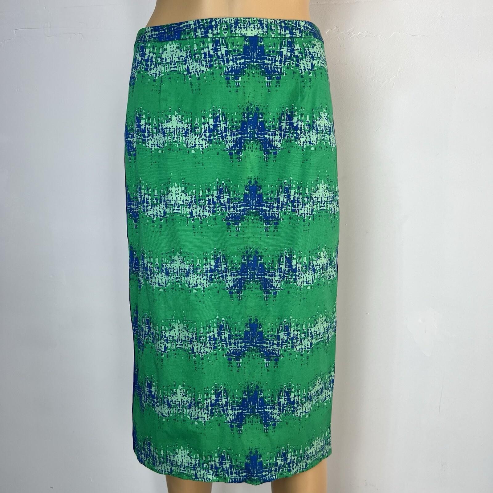 Tracy Reese Viscose Rayon Pencil Skirt Size 8 Green Blue Abstract Ribbon Stretch