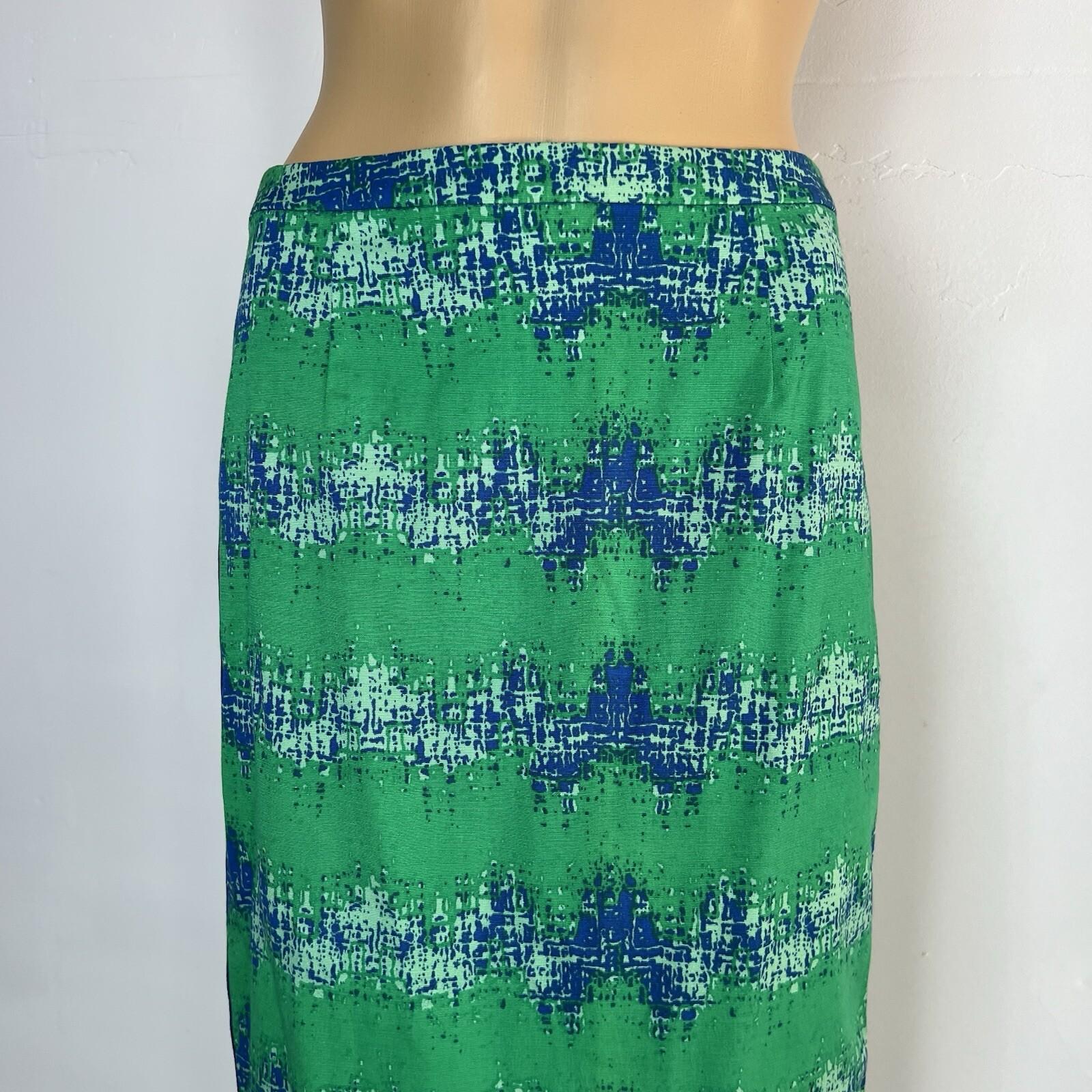 Tracy Reese Viscose Rayon Pencil Skirt Size 8 Green Blue Abstract Ribbon Stretch