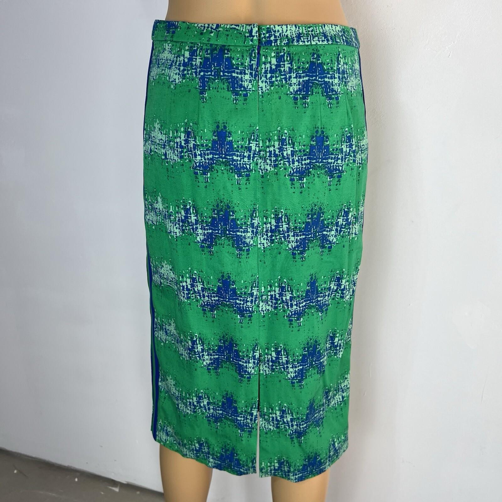 Tracy Reese Viscose Rayon Pencil Skirt Size 8 Green Blue Abstract Ribbon Stretch