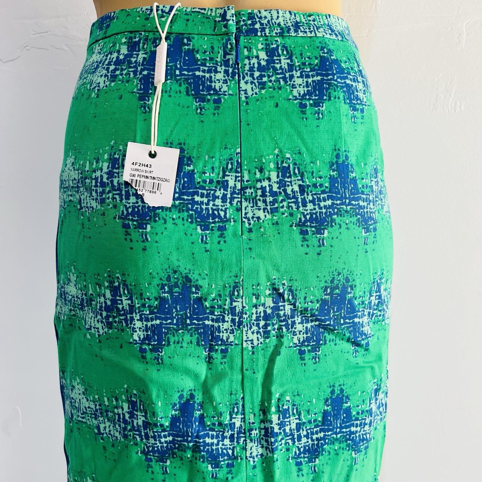 Tracy Reese Viscose Rayon Pencil Skirt Size 8 Green Blue Abstract Ribbon Stretch