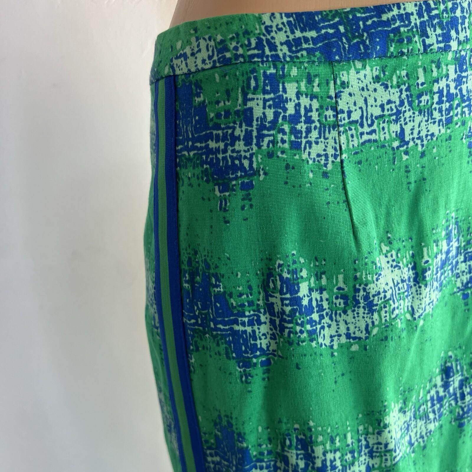 Tracy Reese Viscose Rayon Pencil Skirt Size 8 Green Blue Abstract Ribbon Stretch