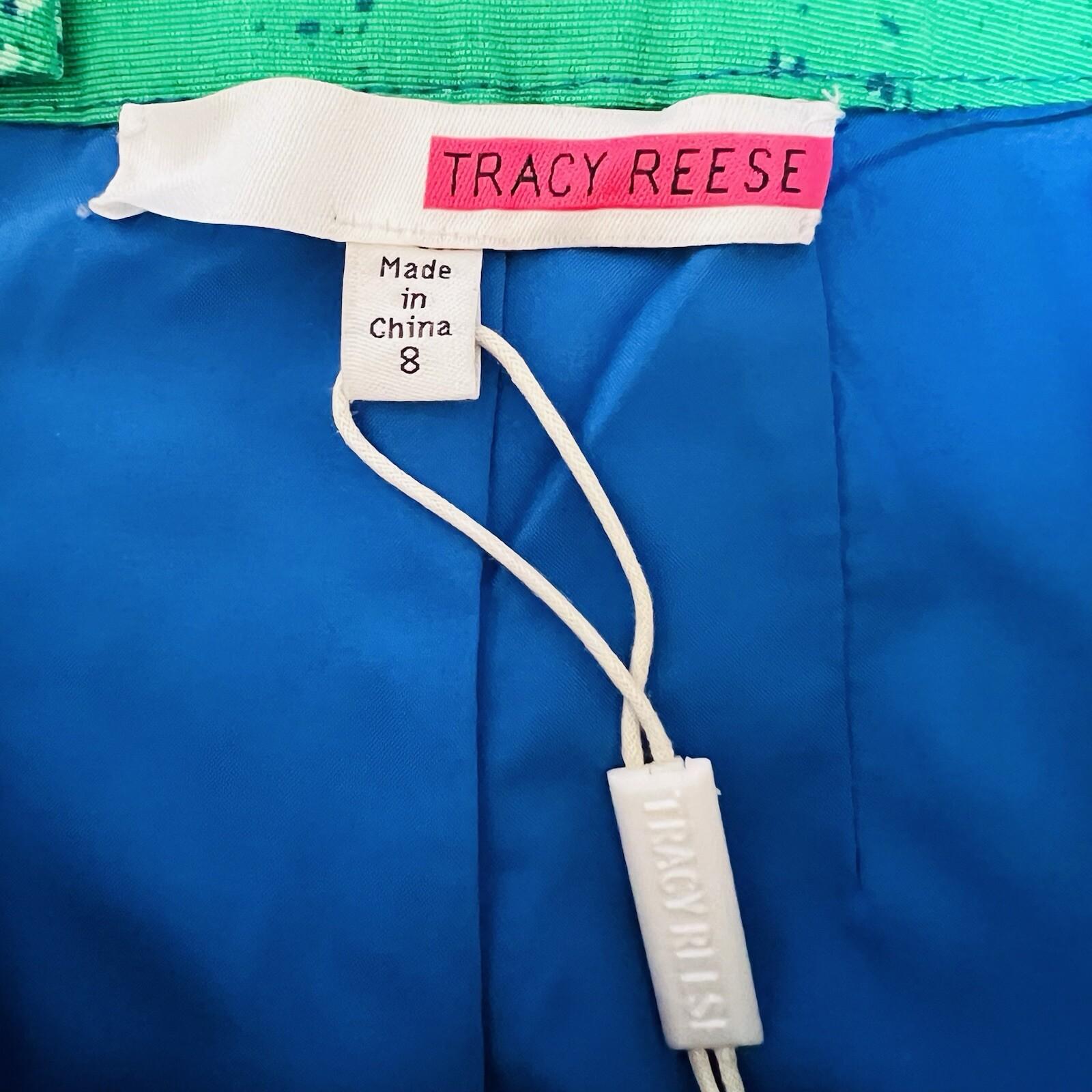 Tracy Reese Viscose Rayon Pencil Skirt Size 8 Green Blue Abstract Ribbon Stretch
