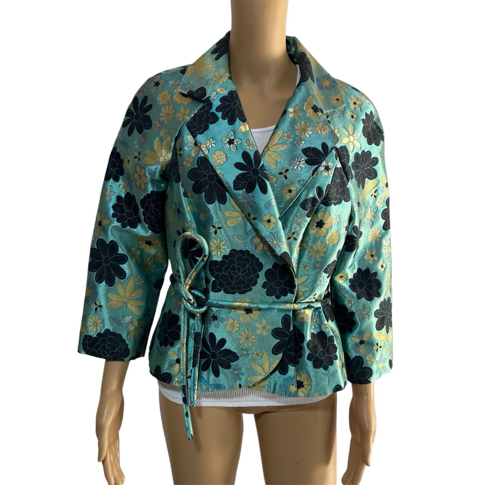 10-2965.jpg Dana Buchman Cotton Polyester Blazer Size 8 Sequin Floral Belted Open Front
