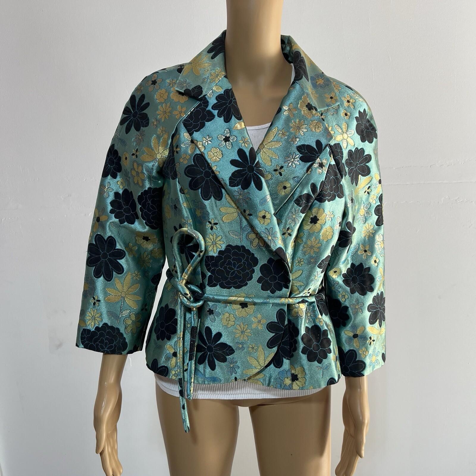 10-2966.jpg Dana Buchman Cotton Polyester Blazer Size 8 Sequin Floral Belted Open Front