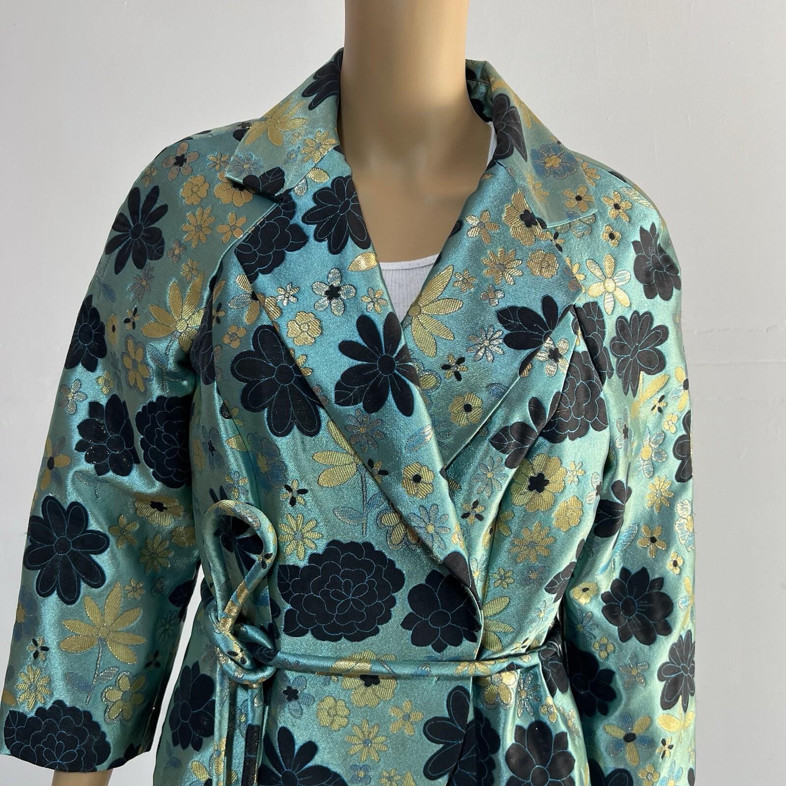 10-2967.jpg Dana Buchman Cotton Polyester Blazer Size 8 Sequin Floral Belted Open Front