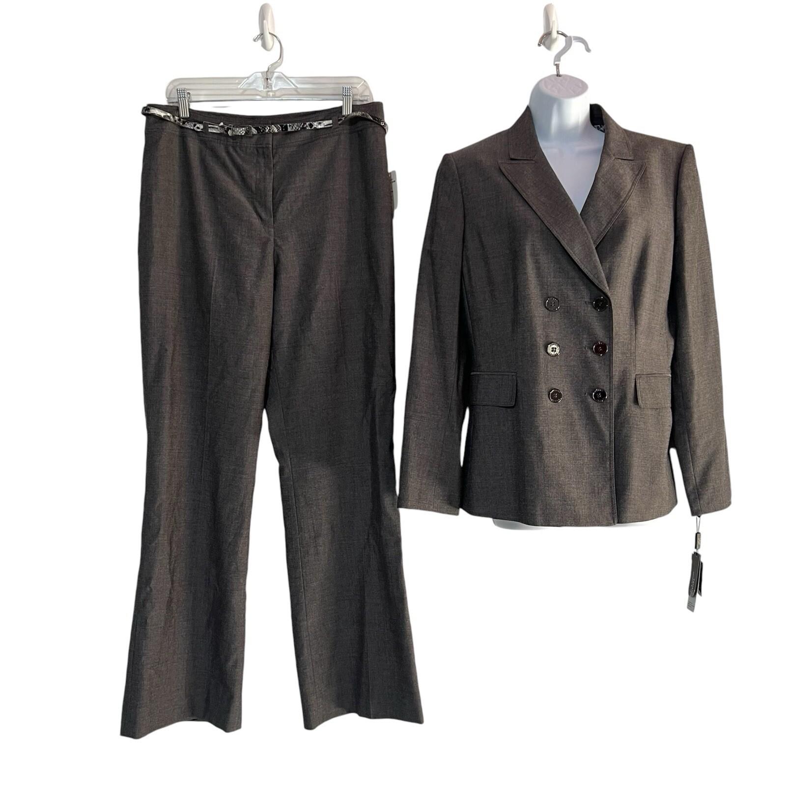 Tahari ASL Polyester Rayon Pant Suit Size 12 Gray Double Breasted Career 2PC New