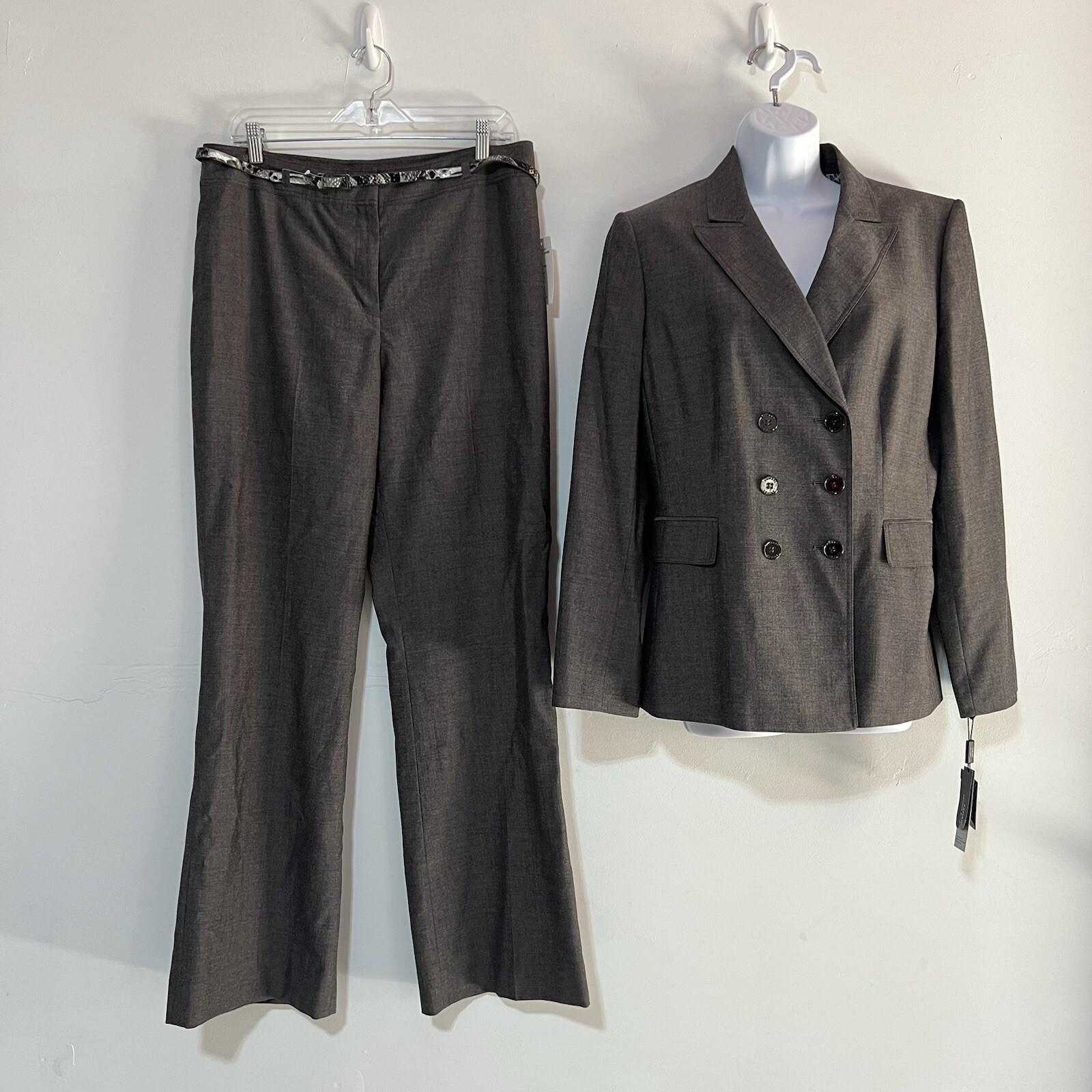 Tahari ASL Polyester Rayon Pant Suit Size 12 Gray Double Breasted Career 2PC New