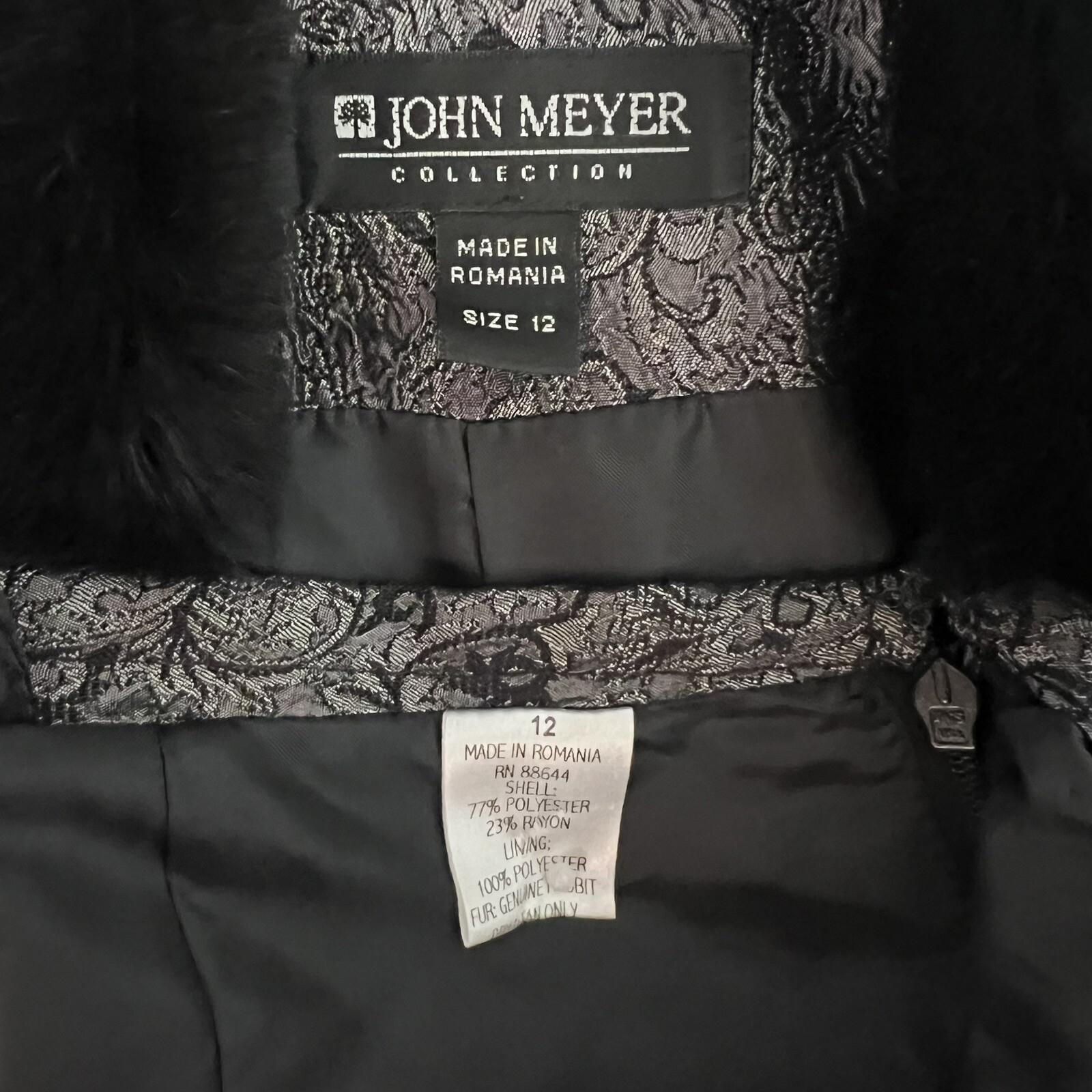 John Meyer Polyester Rayon Skirt Suit 12 Gray Floral Faux Fur Collar 2 Piece