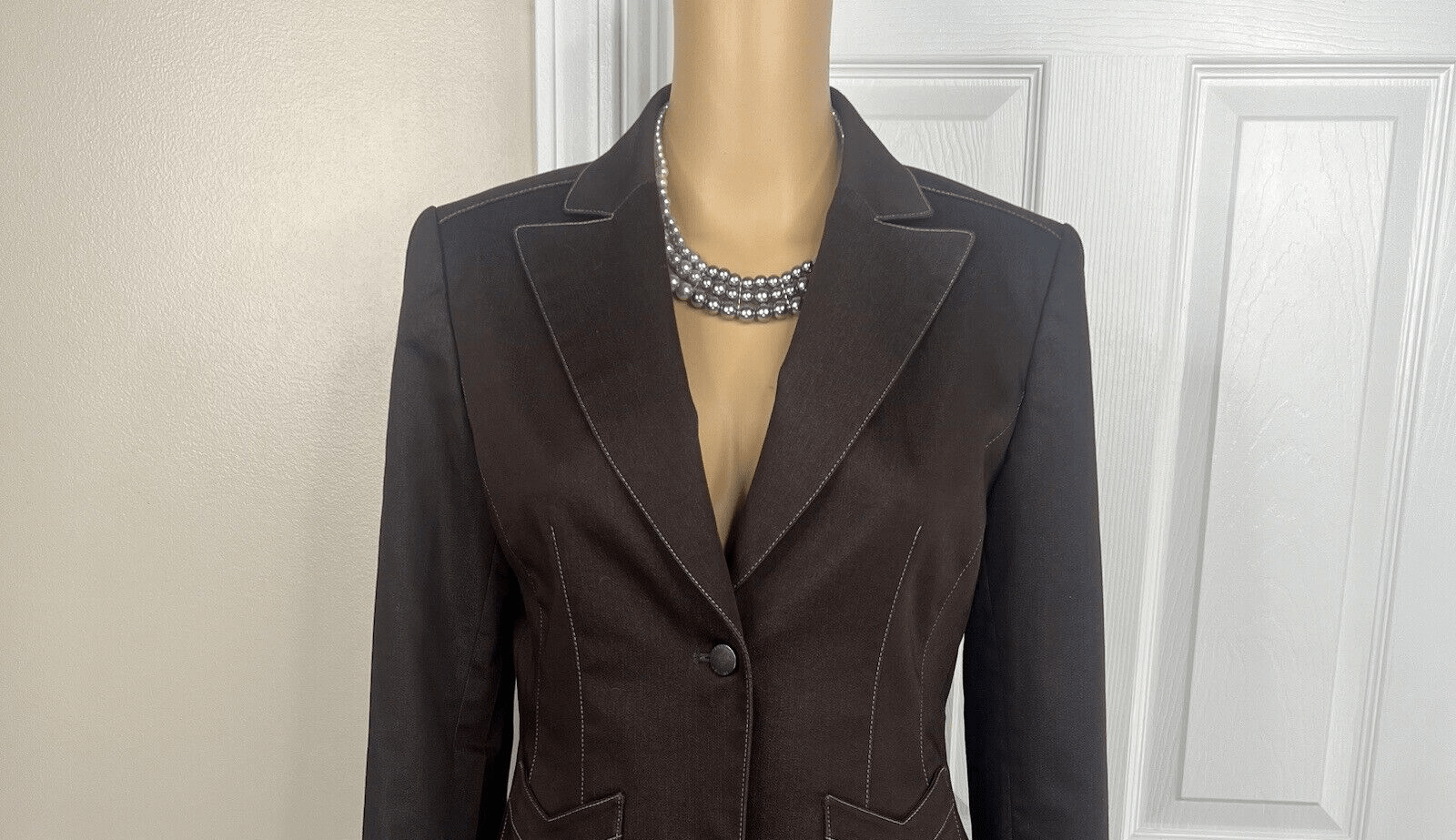 Tahari ASL Cotton Rayon Spandex Blazer Size 4 Brown Lined Pocket 1 Piece