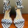 INC International Concepts Block Heel Shoes 9M Black White Striped Tie Up Ribbon