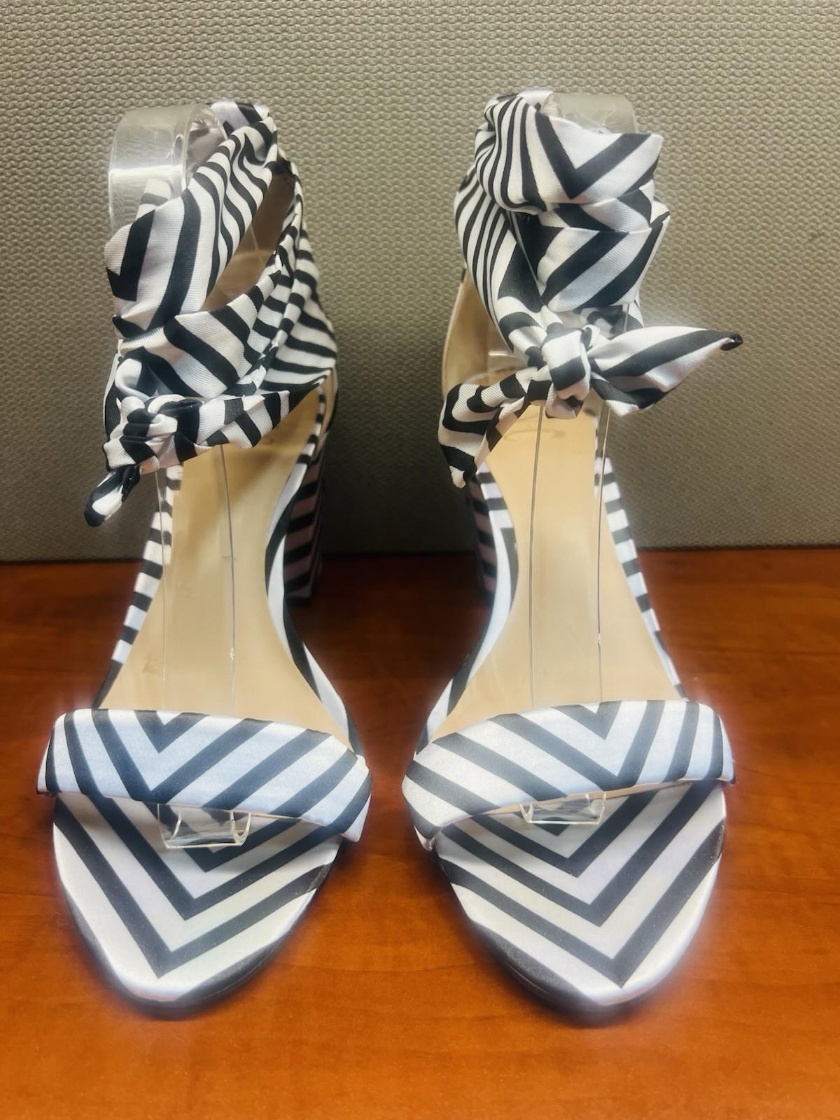 INC International Concepts Block Heel Shoes 9M Black White Striped Tie Up Ribbon