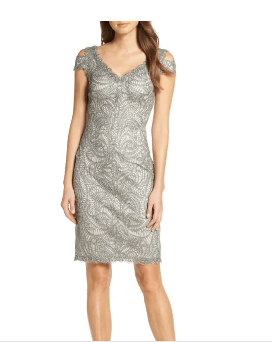 Tadashi Sohji Formal Dress 10 Ash Cold Shoulder Embroidered Lace Cold Shoulder