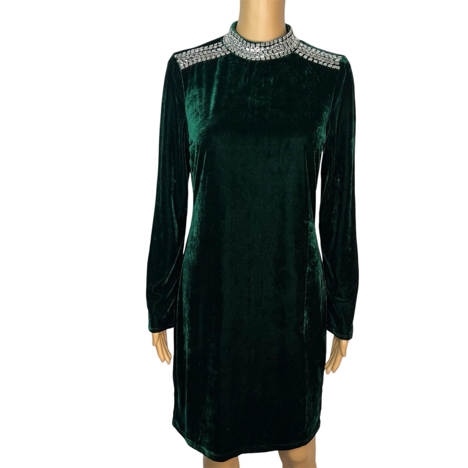 Elie Tahari Velvet Dress M Emeral Green Beaded Bodycon Fashionable Quiet Luxury