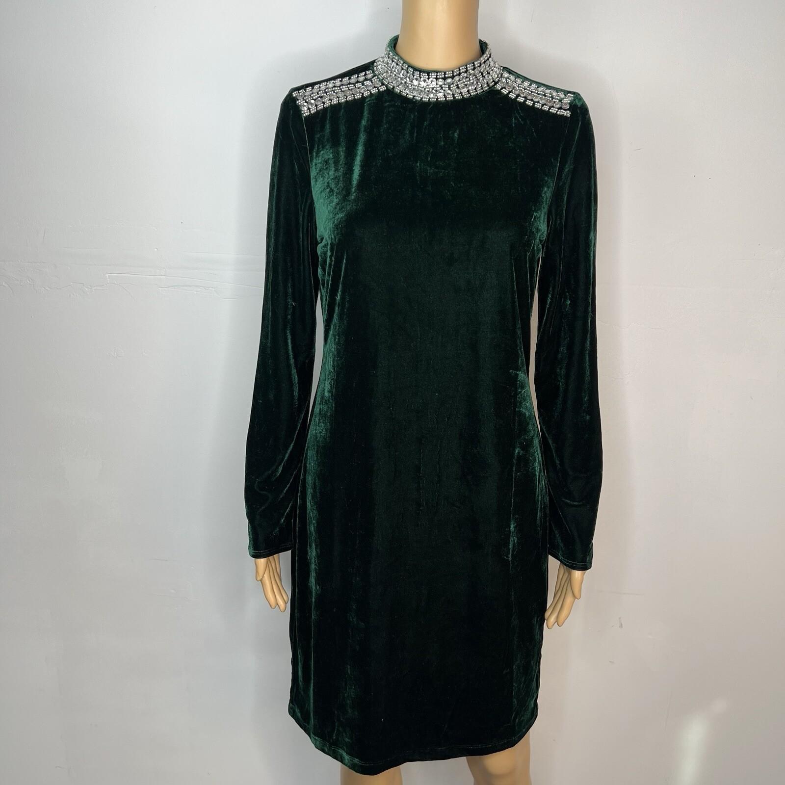 Elie Tahari Velvet Dress M Emeral Green Beaded Bodycon Fashionable Quiet Luxury