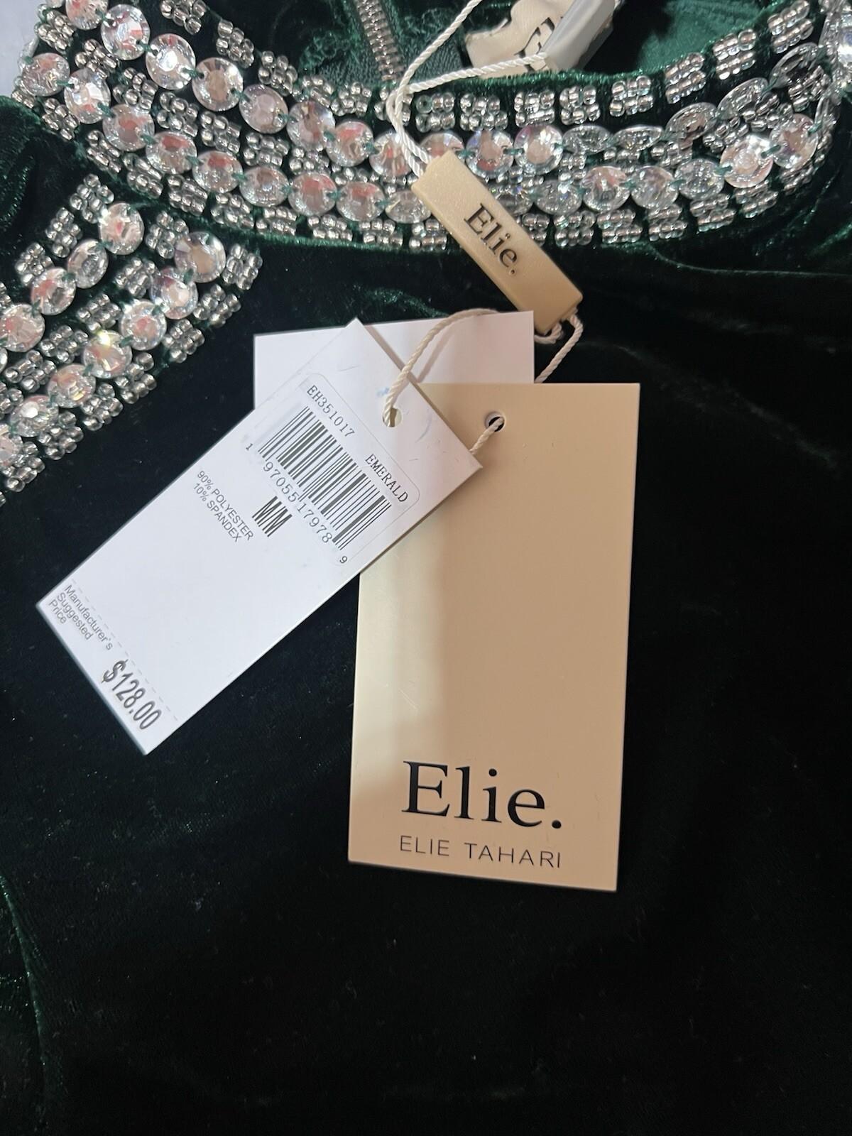 Elie Tahari Velvet Dress M Emeral Green Beaded Bodycon Fashionable Quiet Luxury