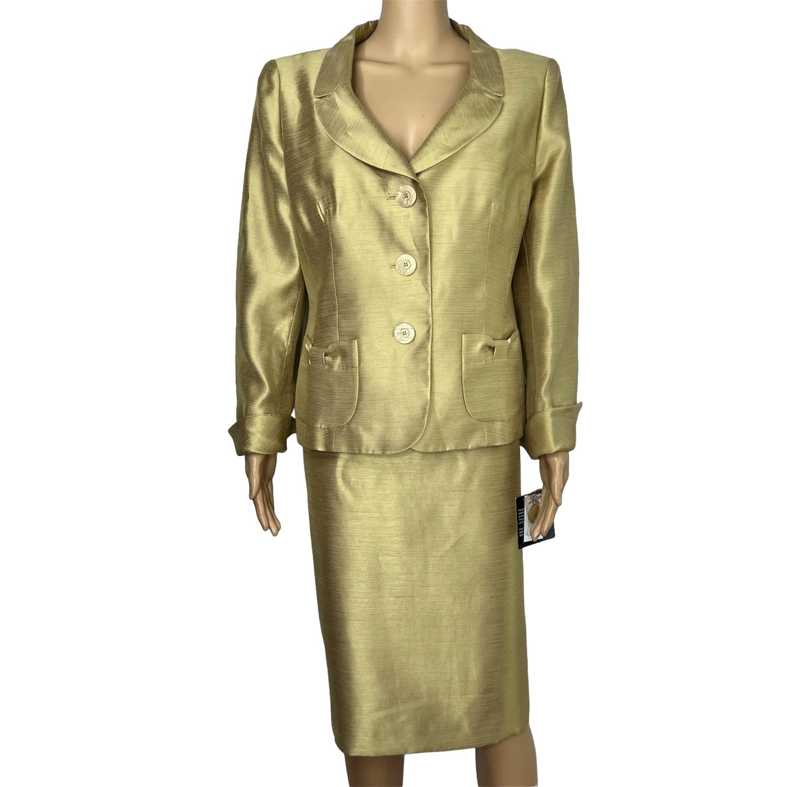 Le Suit Polyester Rayon Skirt Suit Size 14 Mustard Wide Collar 2 Piece Women New