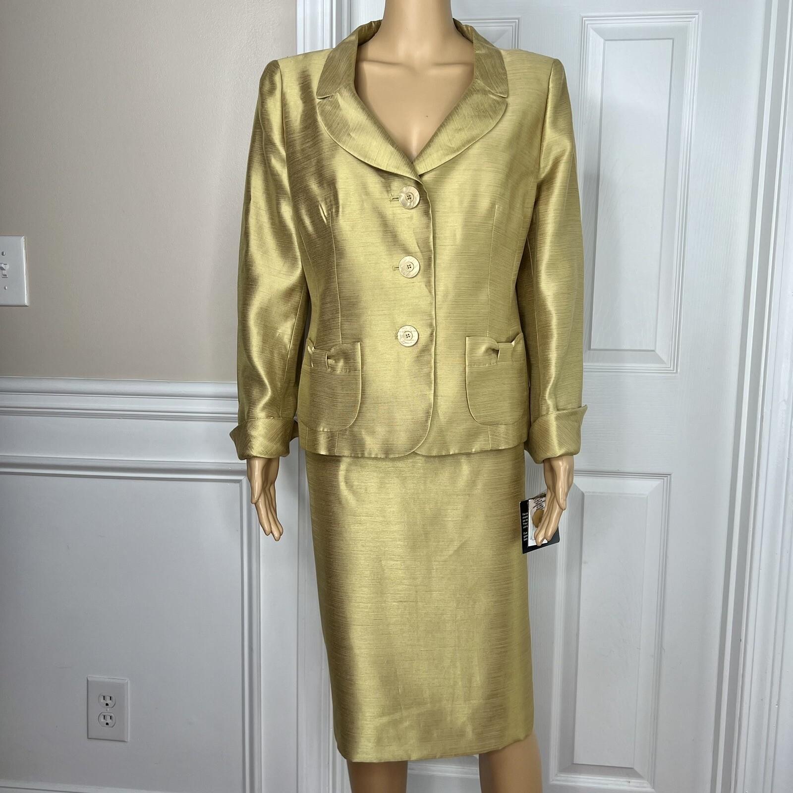 Le Suit Polyester Rayon Skirt Suit Size 14 Mustard Wide Collar 2 Piece Women New
