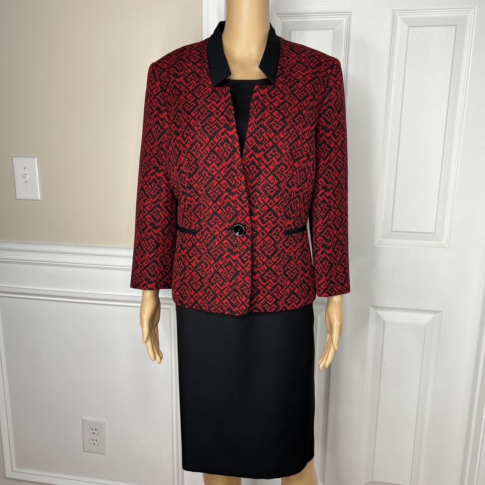 Kasper Polyester Lined Dress Suit Size 12 Black Red Stand Up Collar 2Piece Women