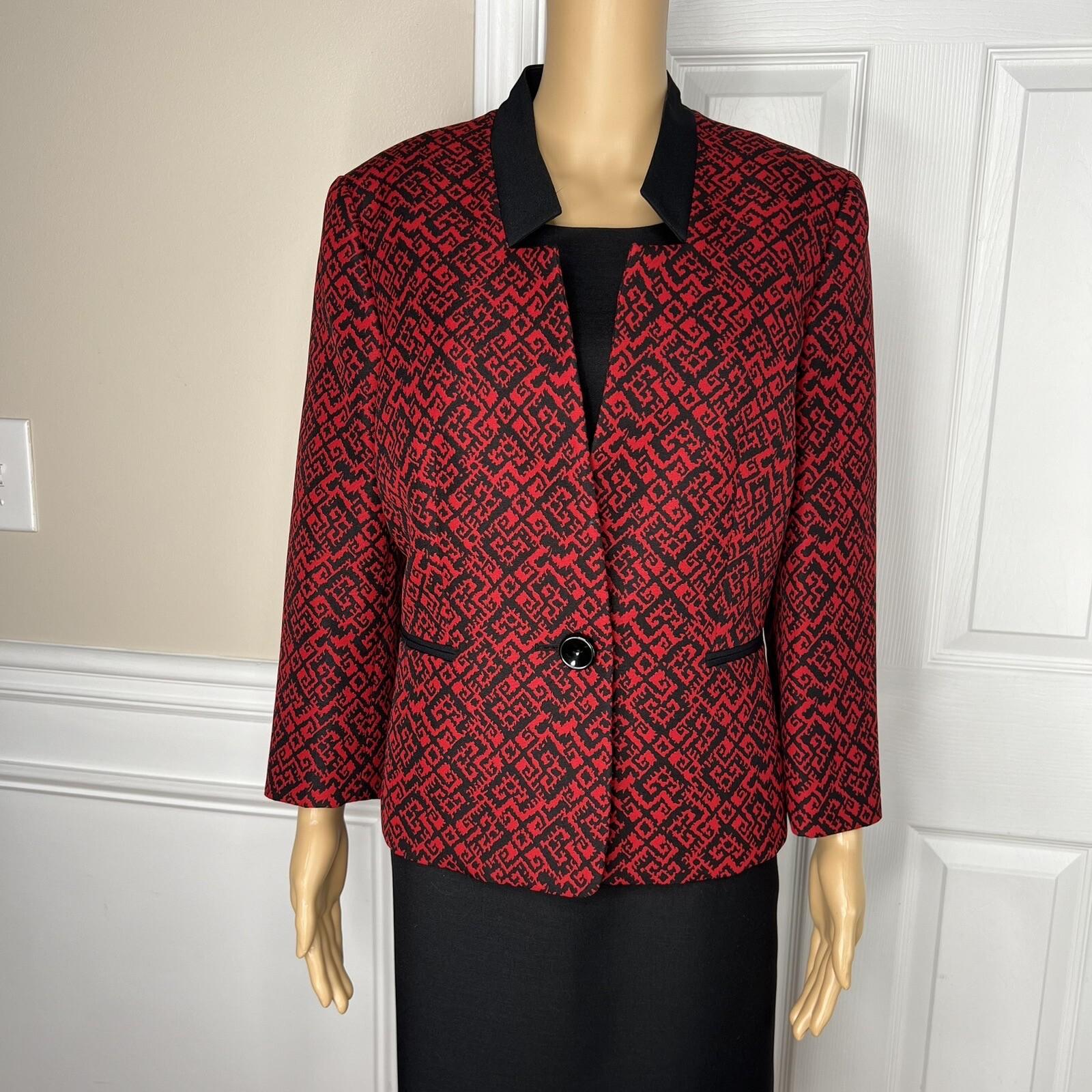 Kasper Polyester Lined Dress Suit Size 12 Black Red Stand Up Collar 2Piece Women