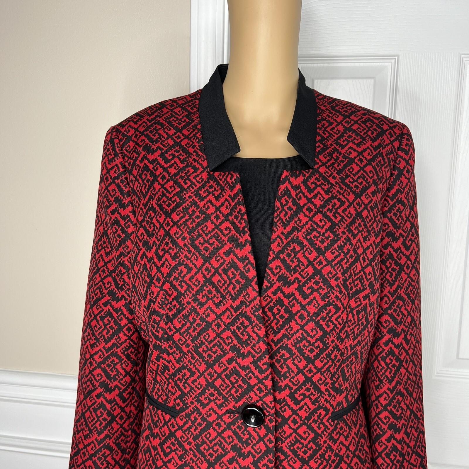 Kasper Polyester Lined Dress Suit Size 12 Black Red Stand Up Collar 2Piece Women