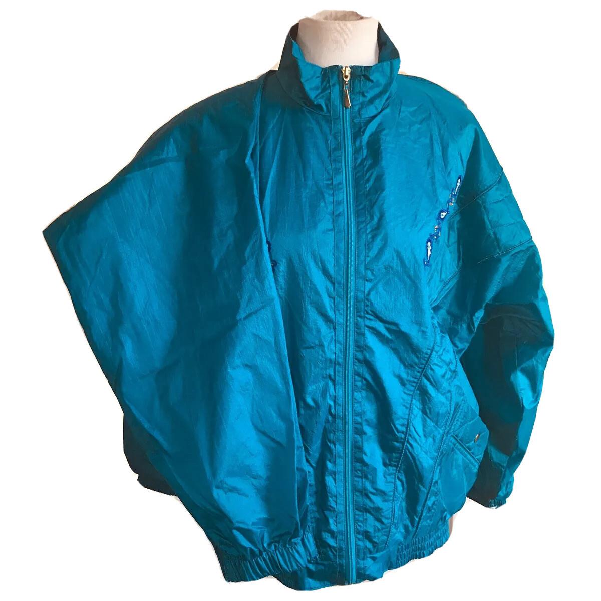 10-306.jpg BOLO SPIRIT Vintage Rare Women Teal Nylon 2PC Track Pant Sweat Suit Size M