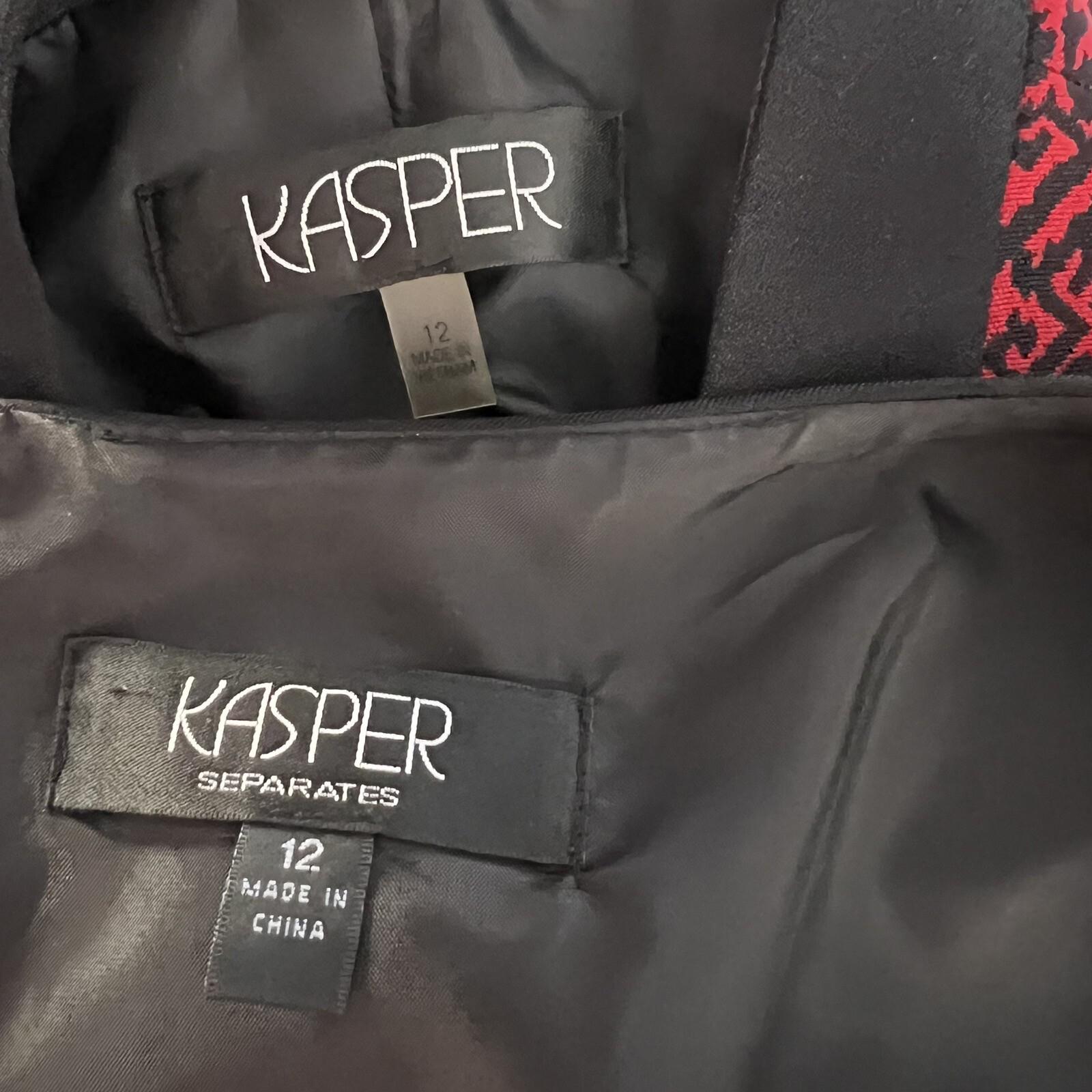 Kasper Polyester Lined Dress Suit Size 12 Black Red Stand Up Collar 2Piece Women