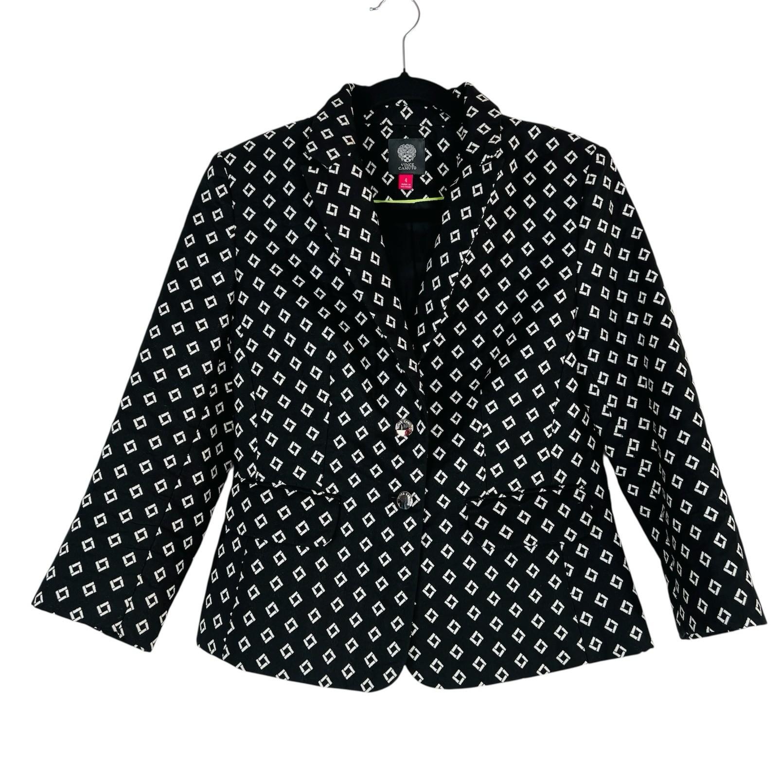 Vince Camuto Polyester Blazer Size 4 Black White Notch Collar Career Business