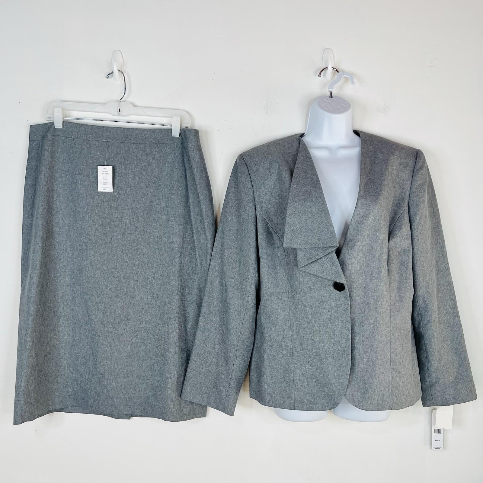 John Meyer Polyester Skirt Suit Size 14 Light Gray Ruffle Collarless 2PC New