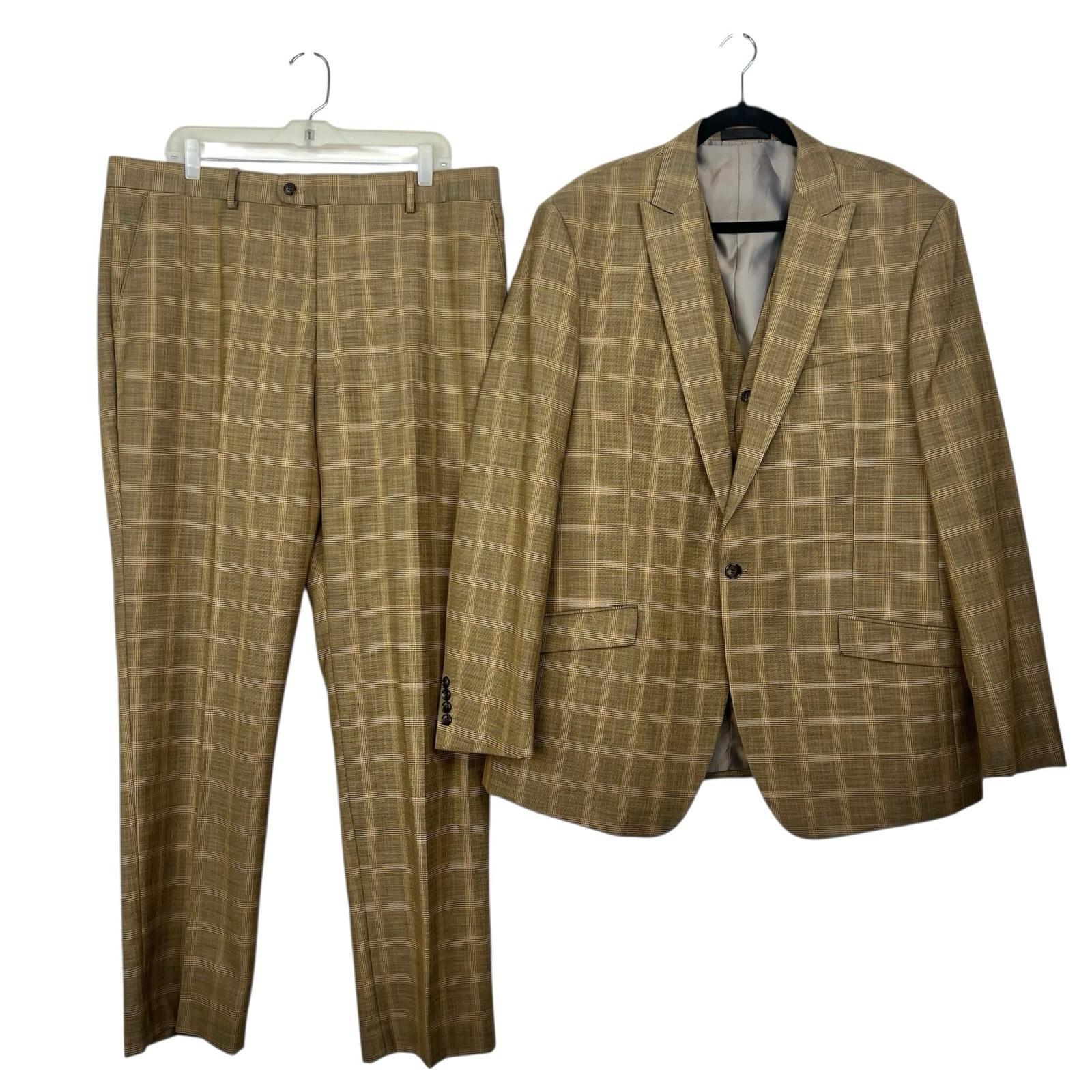 Vitali Men 3PC Vested Suit 46L Pants 40x32.5 Plaid Rust Peak Lapel Flat Front