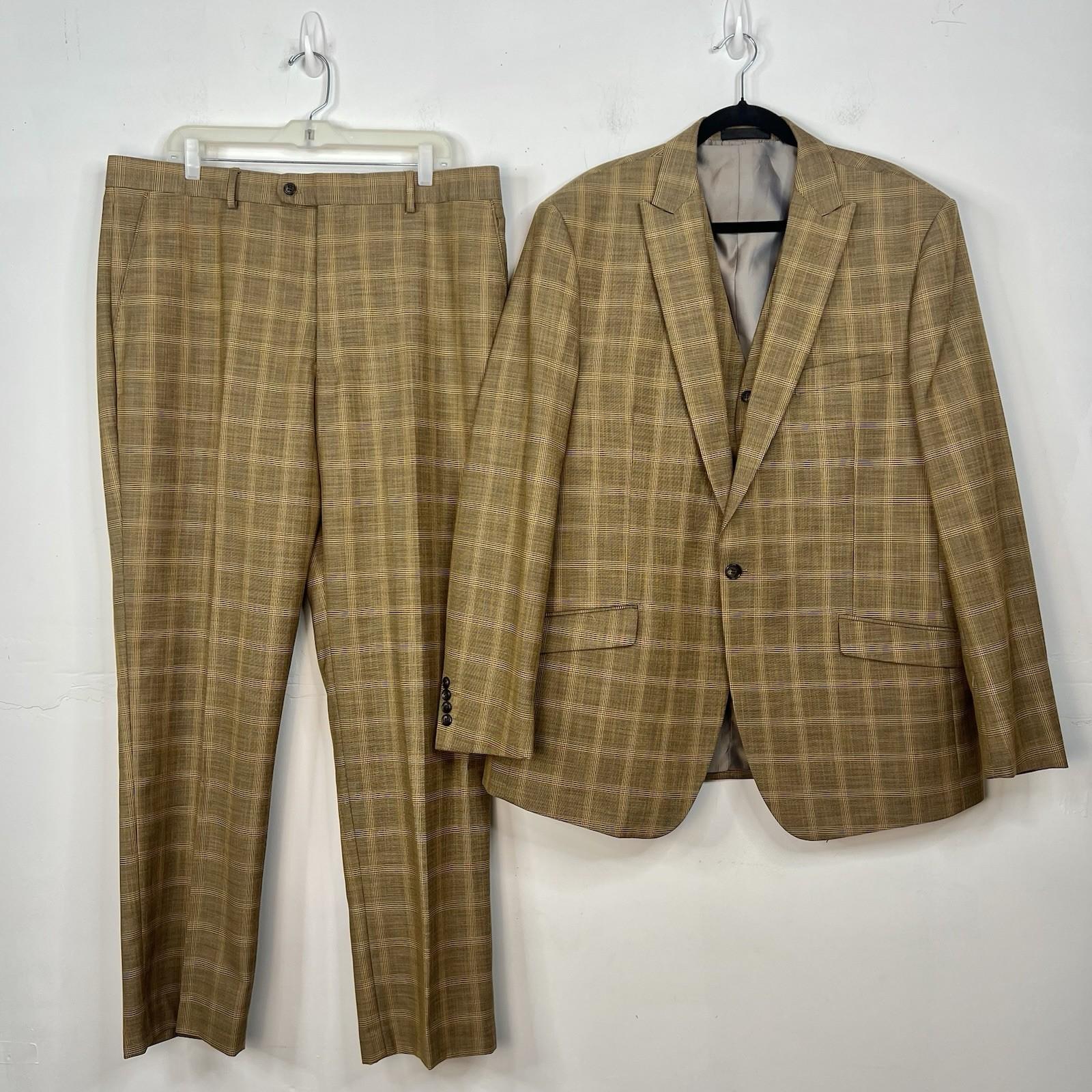 Vitali Men 3PC Vested Suit 46L Pants 40x32.5 Plaid Rust Peak Lapel Flat Front