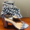 INC International Concepts Block Heel Shoes 9M Black White Striped Tie Up Ribbon