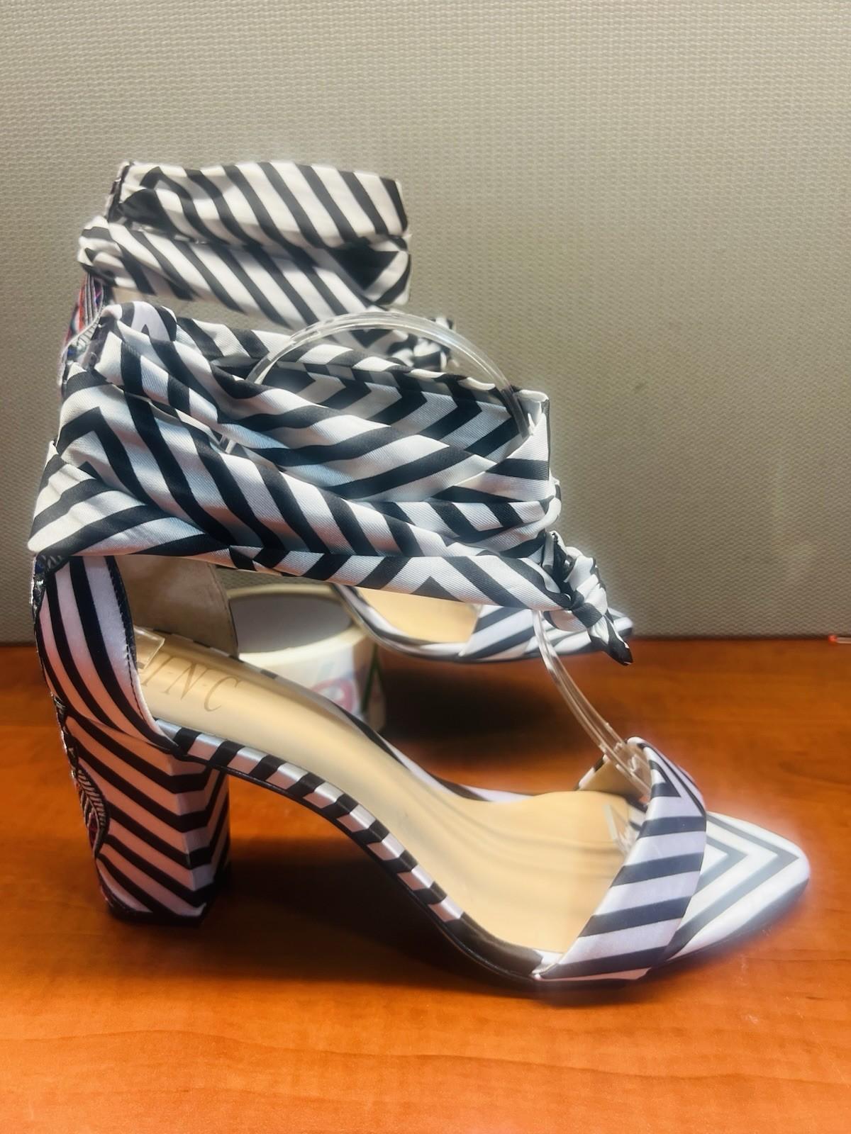 INC International Concepts Block Heel Shoes 9M Black White Striped Tie Up Ribbon
