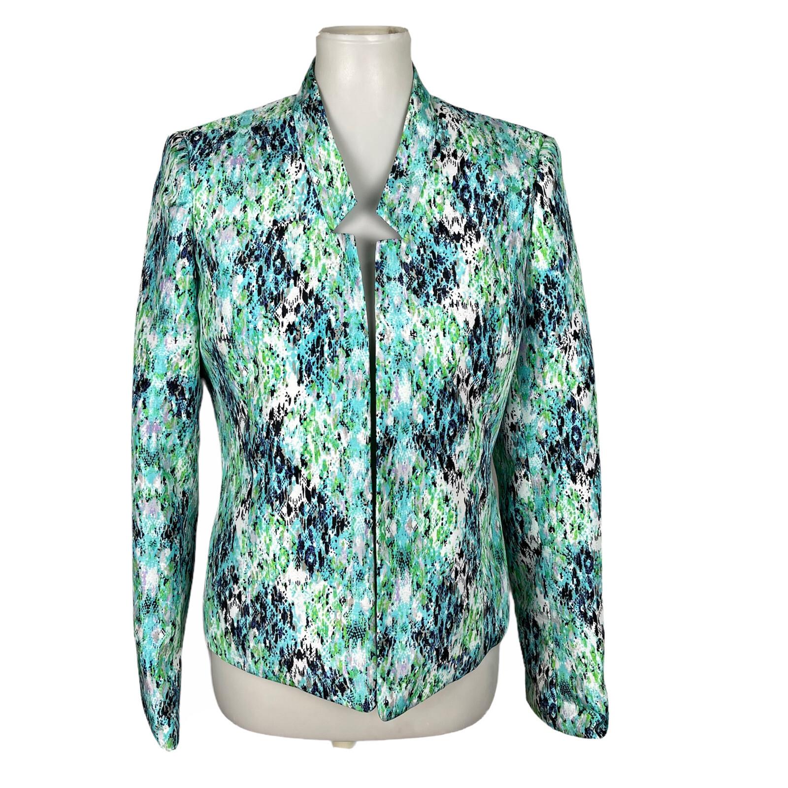 KASPER 1PC Green Multicolored Polyester Open Front Stand Up Collar Blazer Size 6
