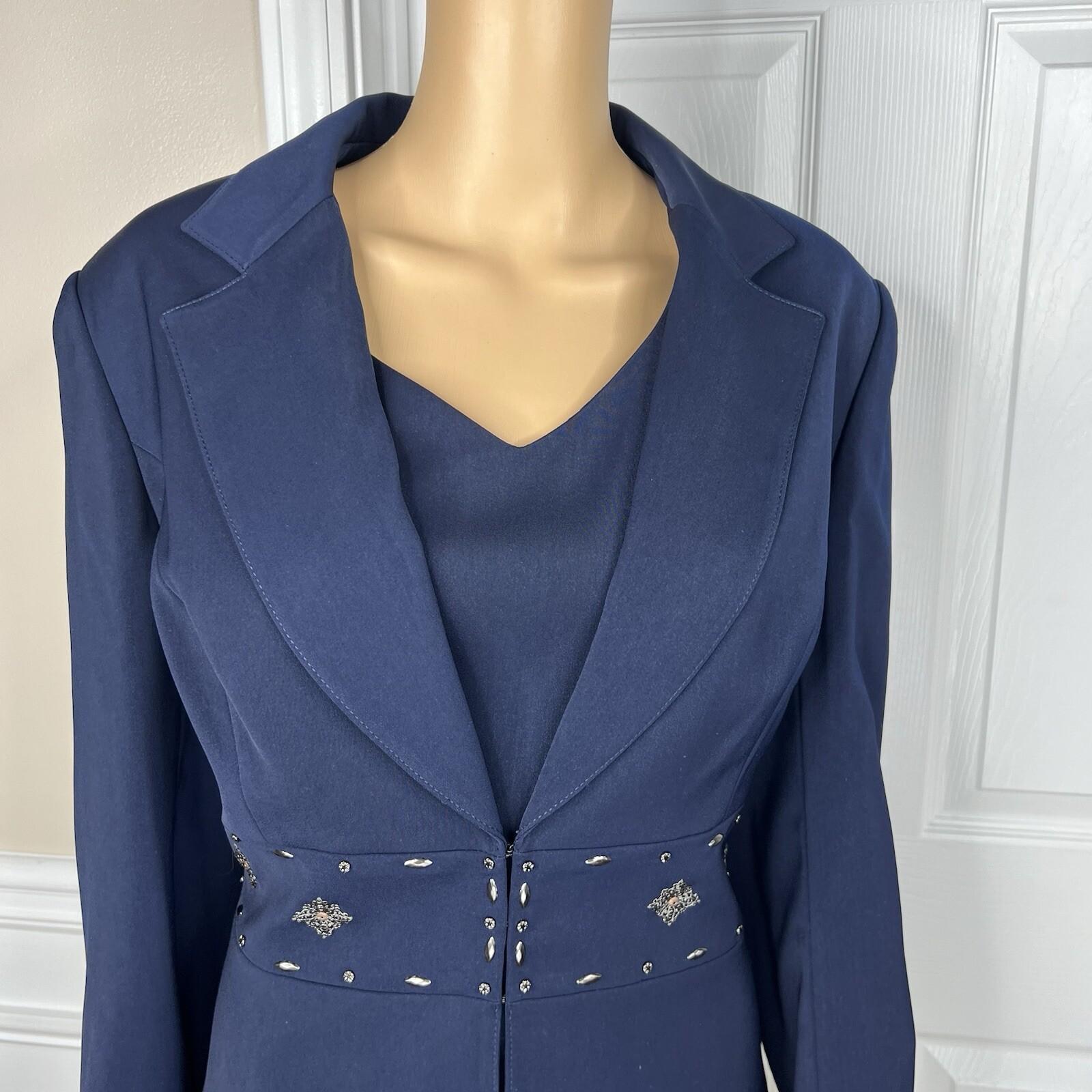 John Meyer Polyester Pant Suit Top 14 Beaded Navy Blue Twill Cocktail 2PC New