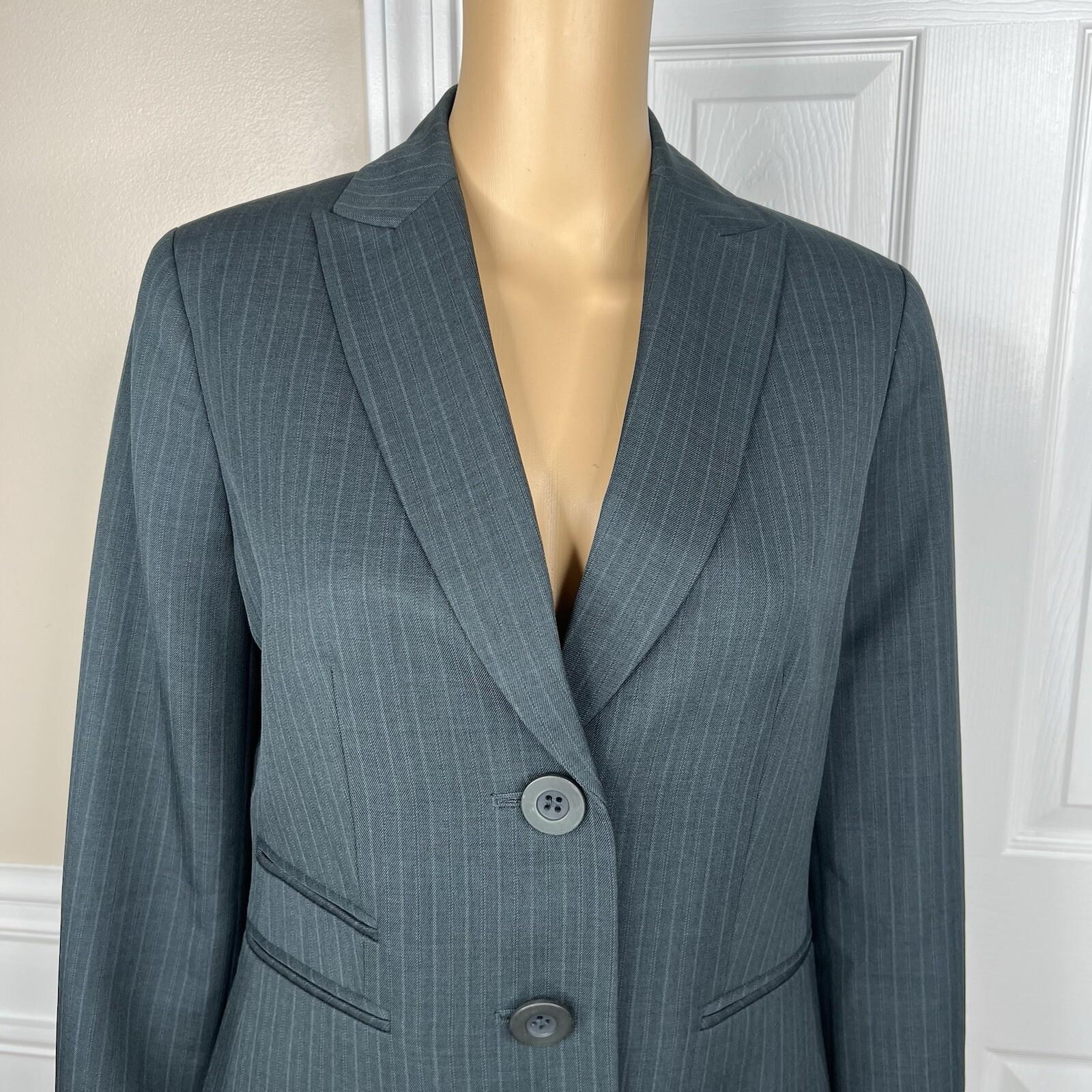 LE SUIT Polyester Pant Suit Size 6 Green Striped Peak Collar Career Lined 2PC